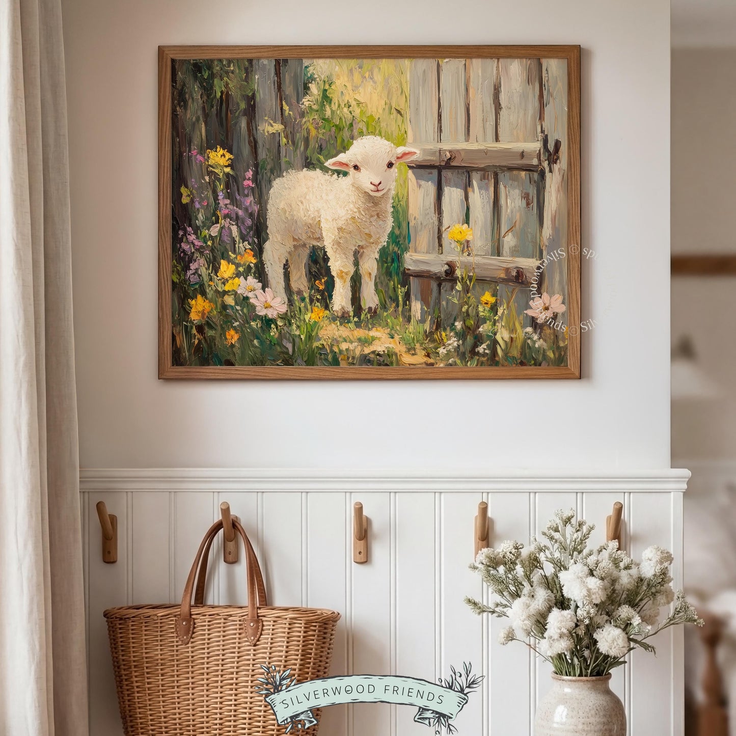 Adorable lamb picture printable art for bedroom — soft colors and cottagecore aesthetics create a pastoral warmth for decor.