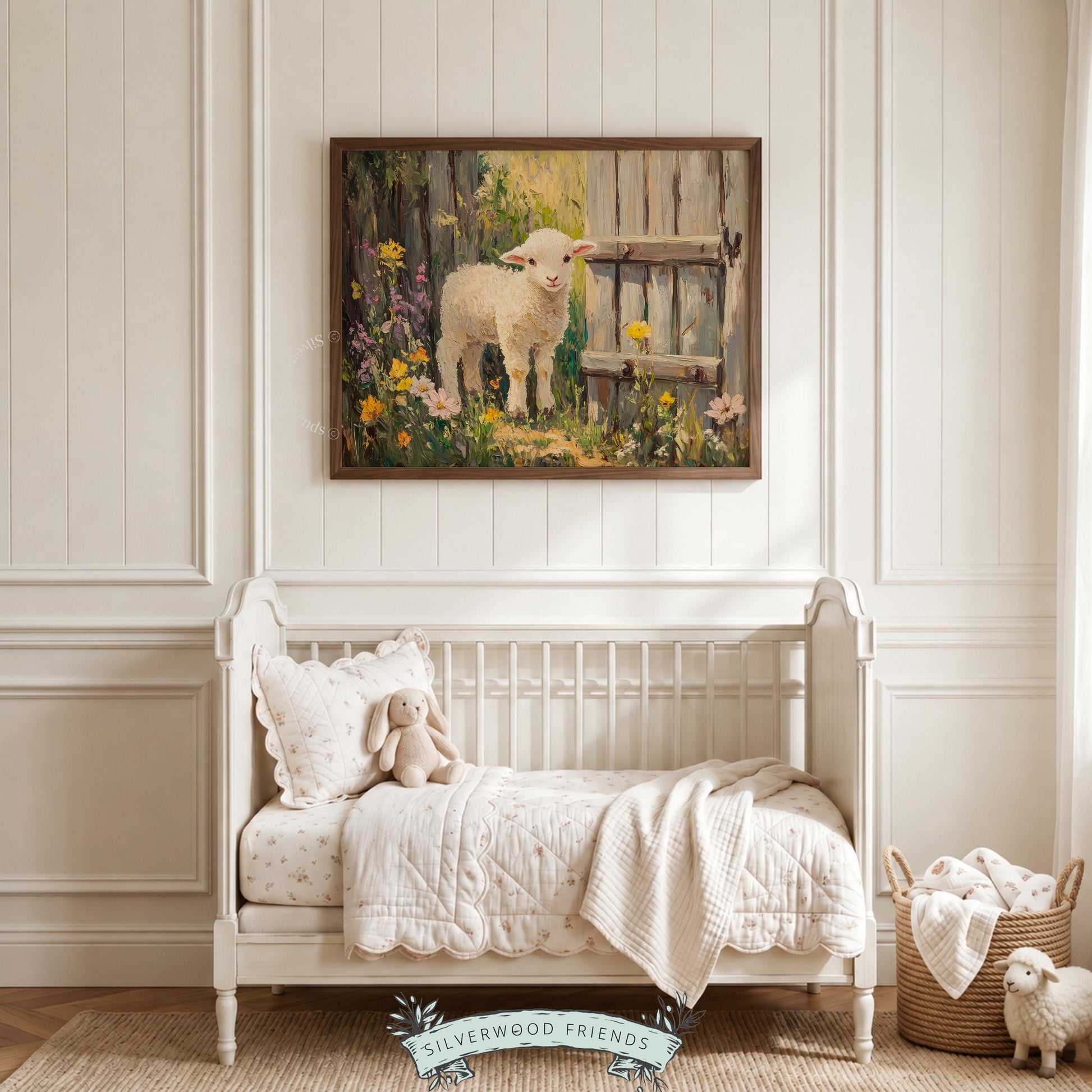 Playful lamb digital download for kids’ room — vintage-inspired, cozy portrayal of farm life with textured brushwork.