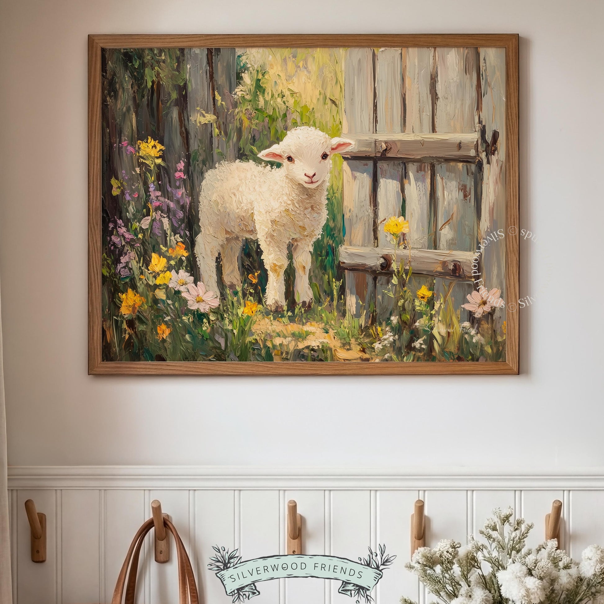 Farm animal lamb wall art for bedroom — a vintage-inspired scene rich in textures and comforting colors, perfect for decor.