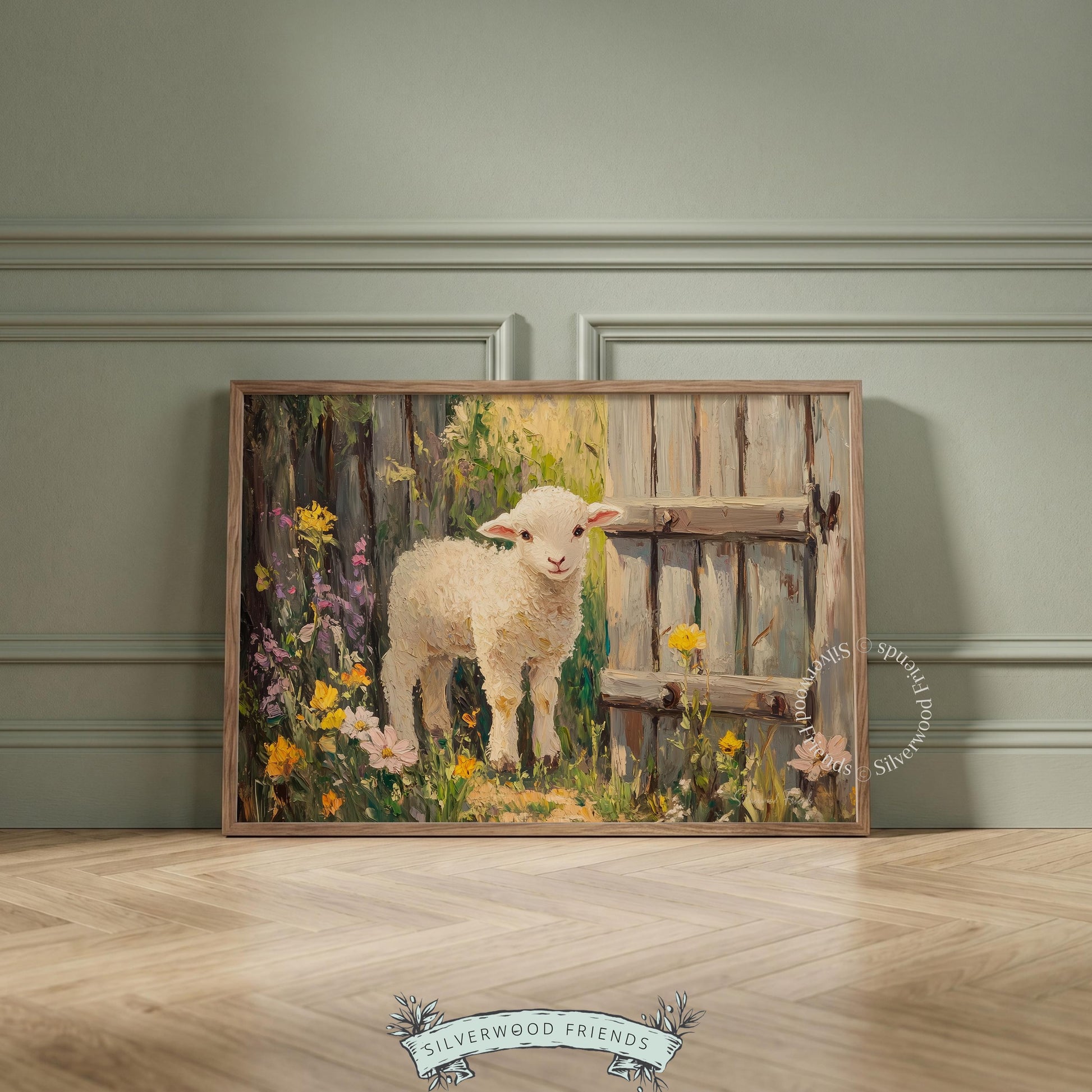 Young lamb art print for cozy den — rustic charm highlighted by tall wildflowers and a sunlit scene with earthy hues.
