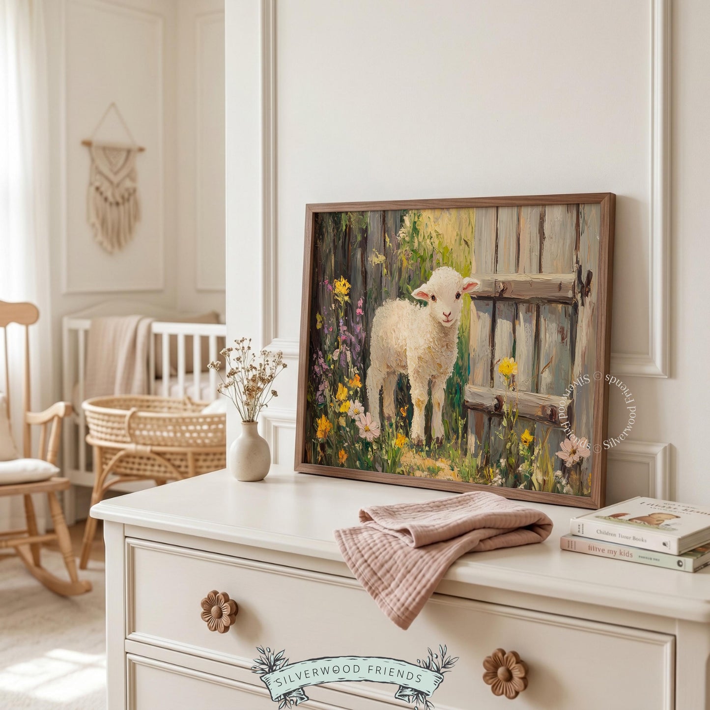 Whimsical lamb painting digital download for nursery — rustic artwork that evokes a pastoral vibe with a warm color palette.