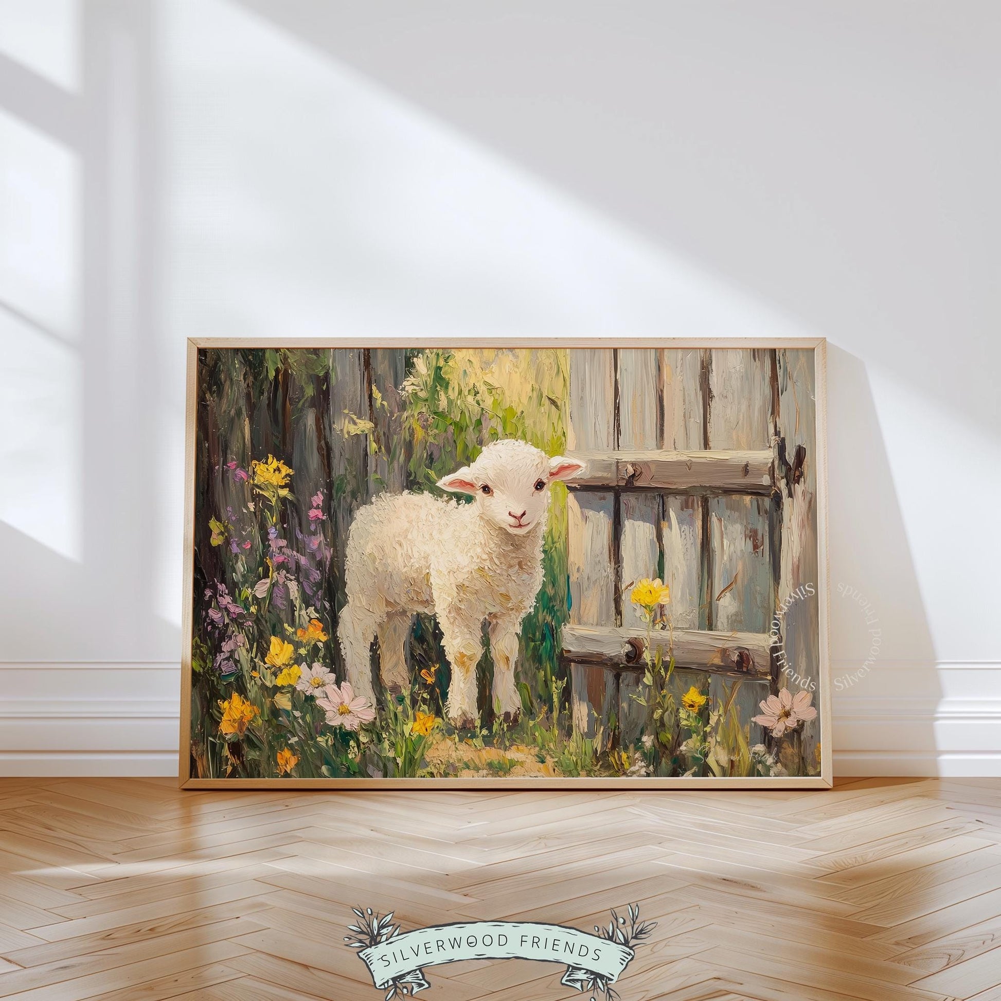 Charming lamb wall art for nursery — soft vintage colors and brush strokes reflect a cozy cottagecore style.