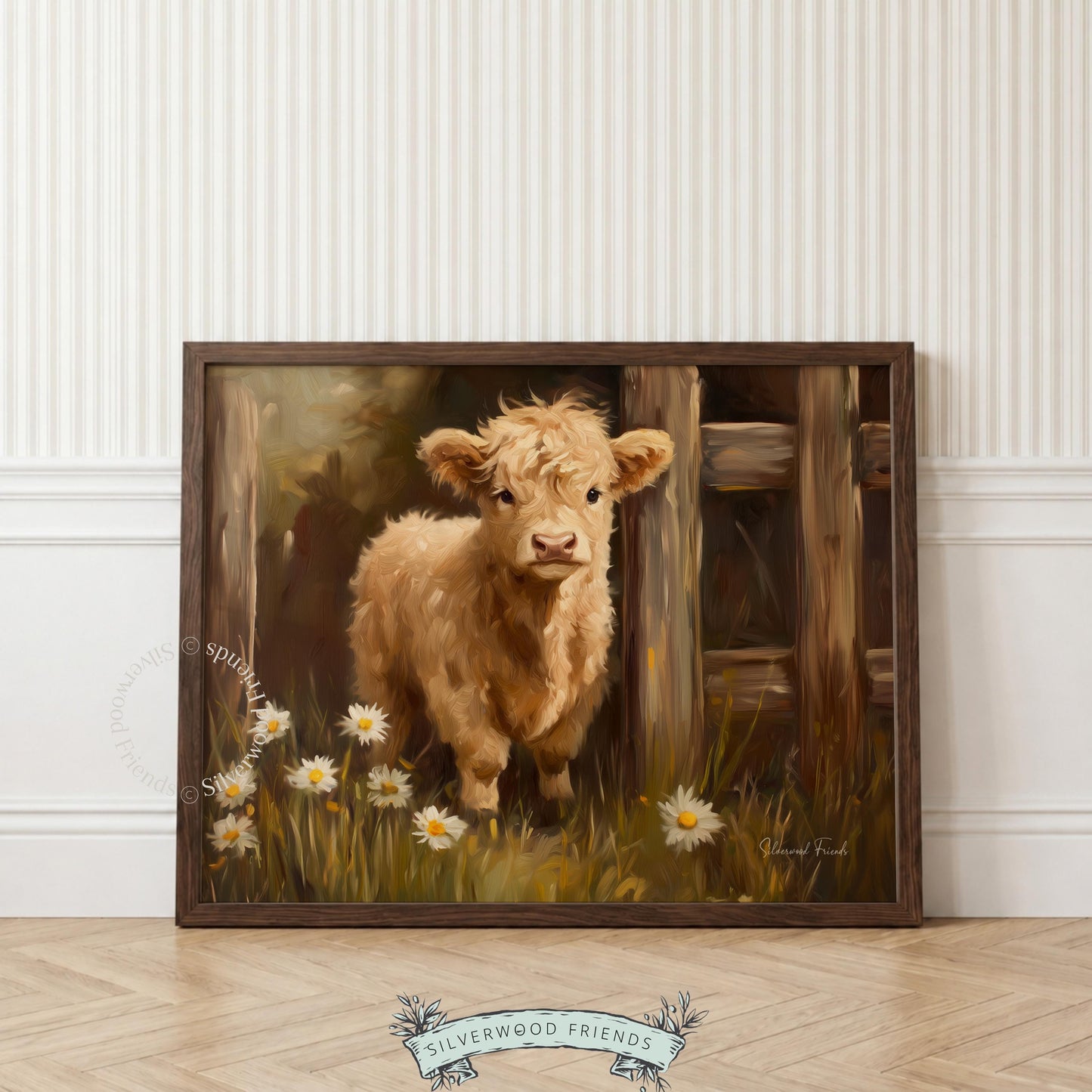 Adorable Highland calf artwork for nursery — painterly style in soft colors enhances a cozy, countryside vibe.