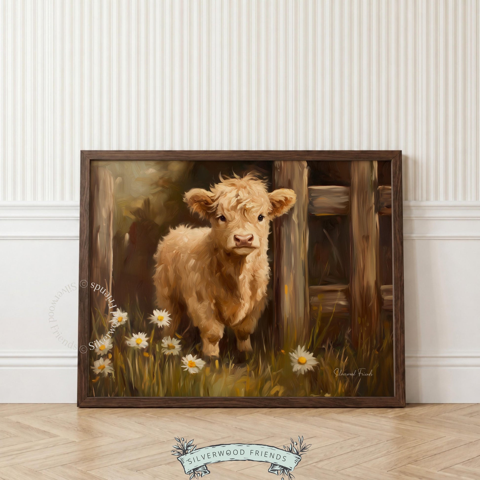 Adorable Highland calf artwork for nursery — painterly style in soft colors enhances a cozy, countryside vibe.