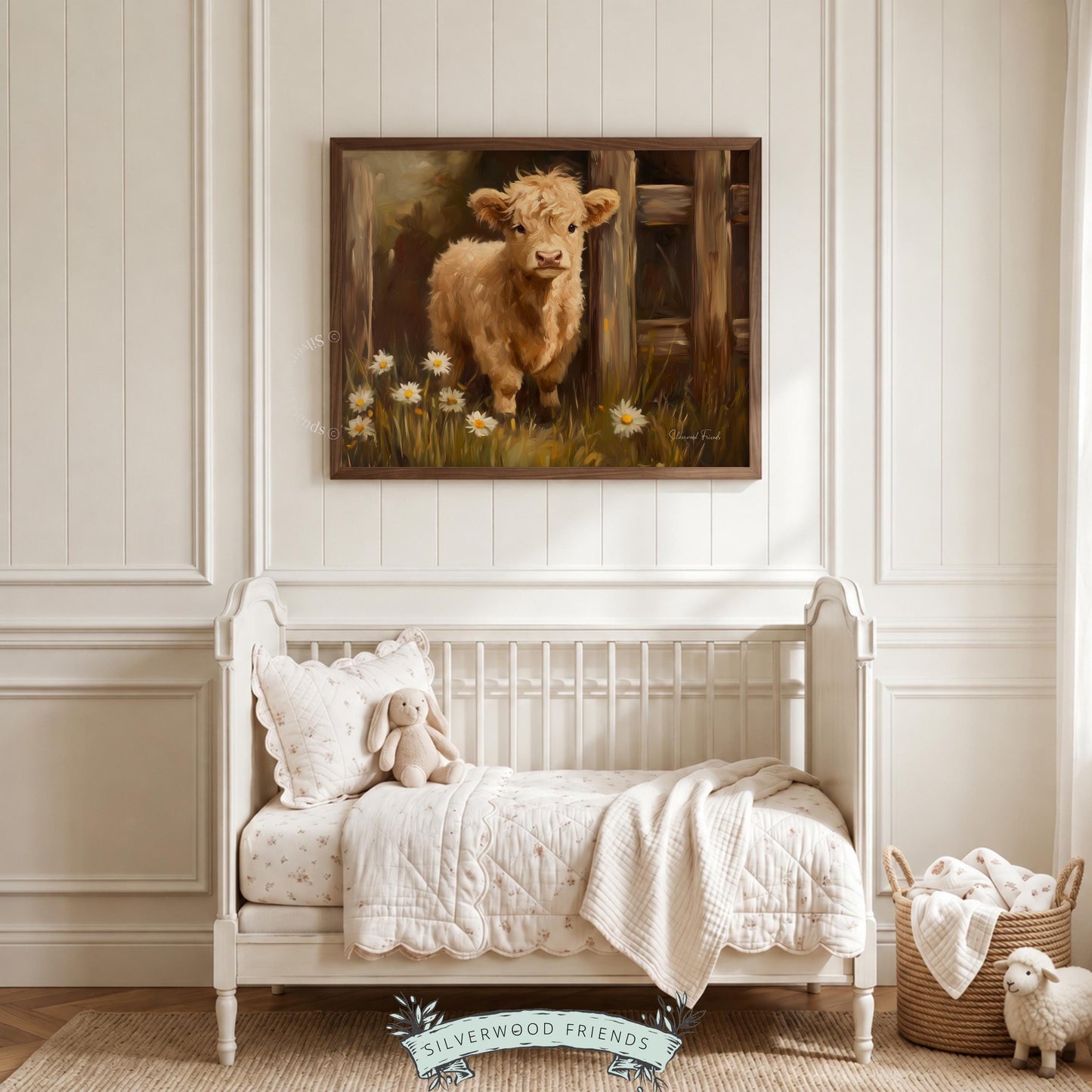Highland calf print for floral home decor — warm tones and rustic accents bring pastoral charm to any space.