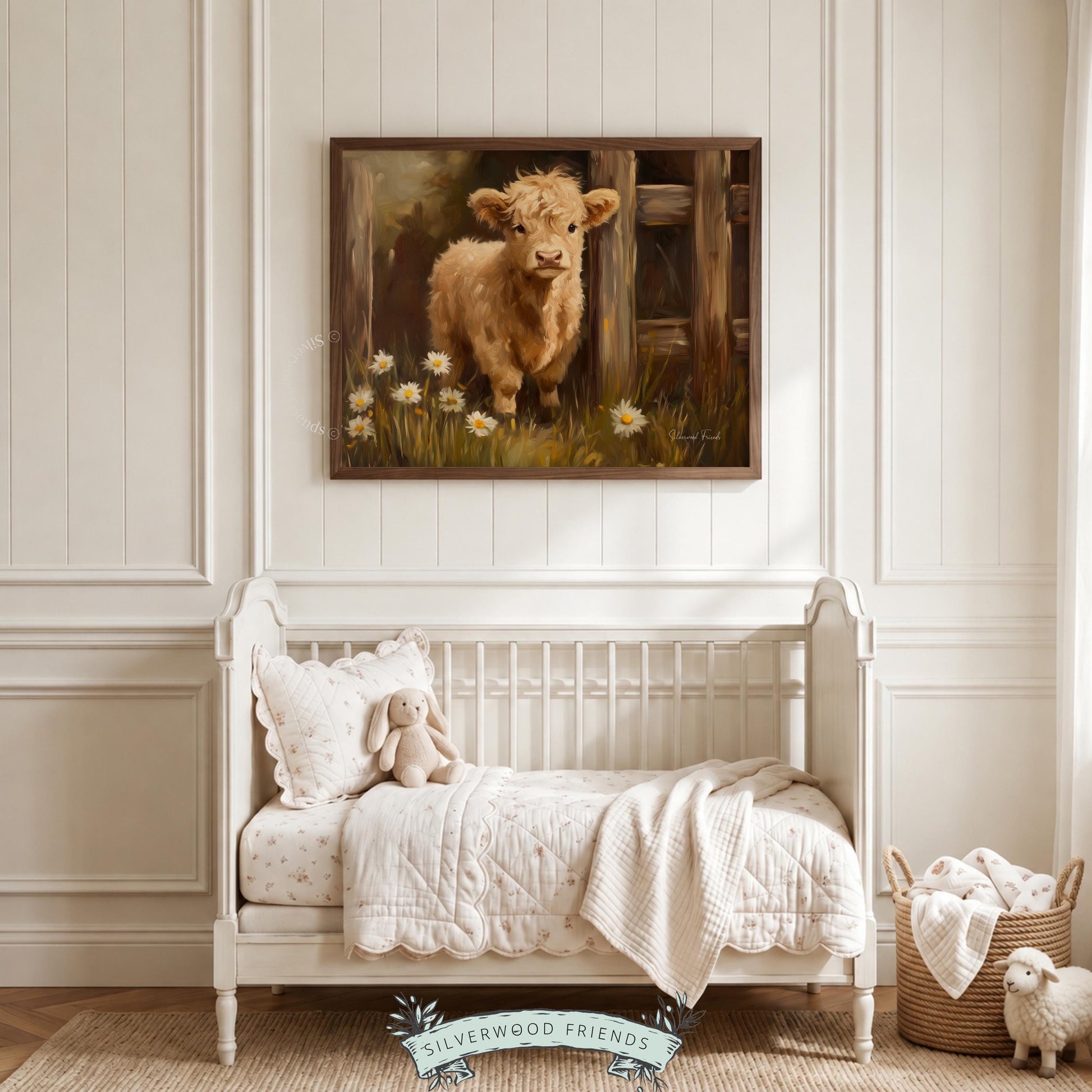 Highland calf print for floral home decor — warm tones and rustic accents bring pastoral charm to any space.