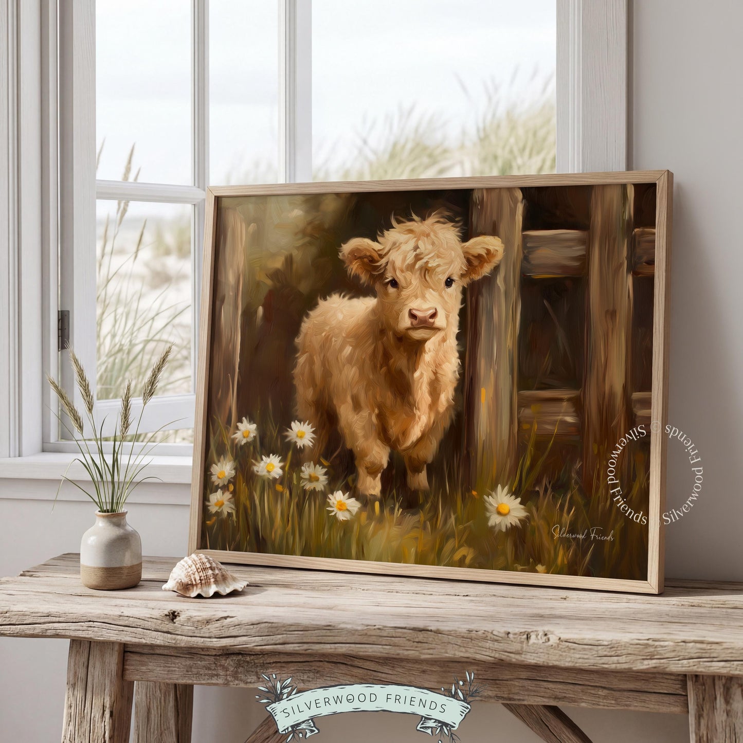 Sweet Highland calf wall art for baby nursery — evokes warmth and coziness with its fluffy subject and soft, rustic palette.