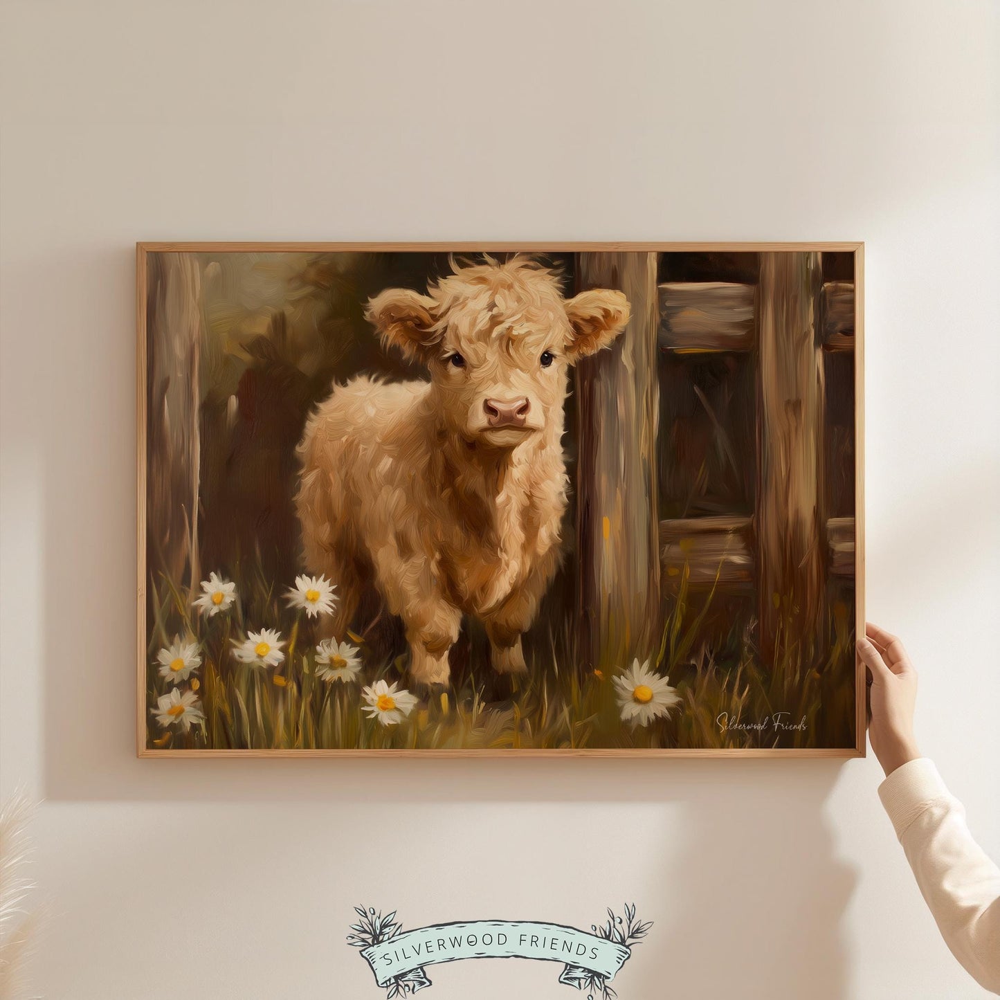 Highland calf painting poster for stylish hallway — blends rustic beauty with countryside aesthetics for a cozy touch.