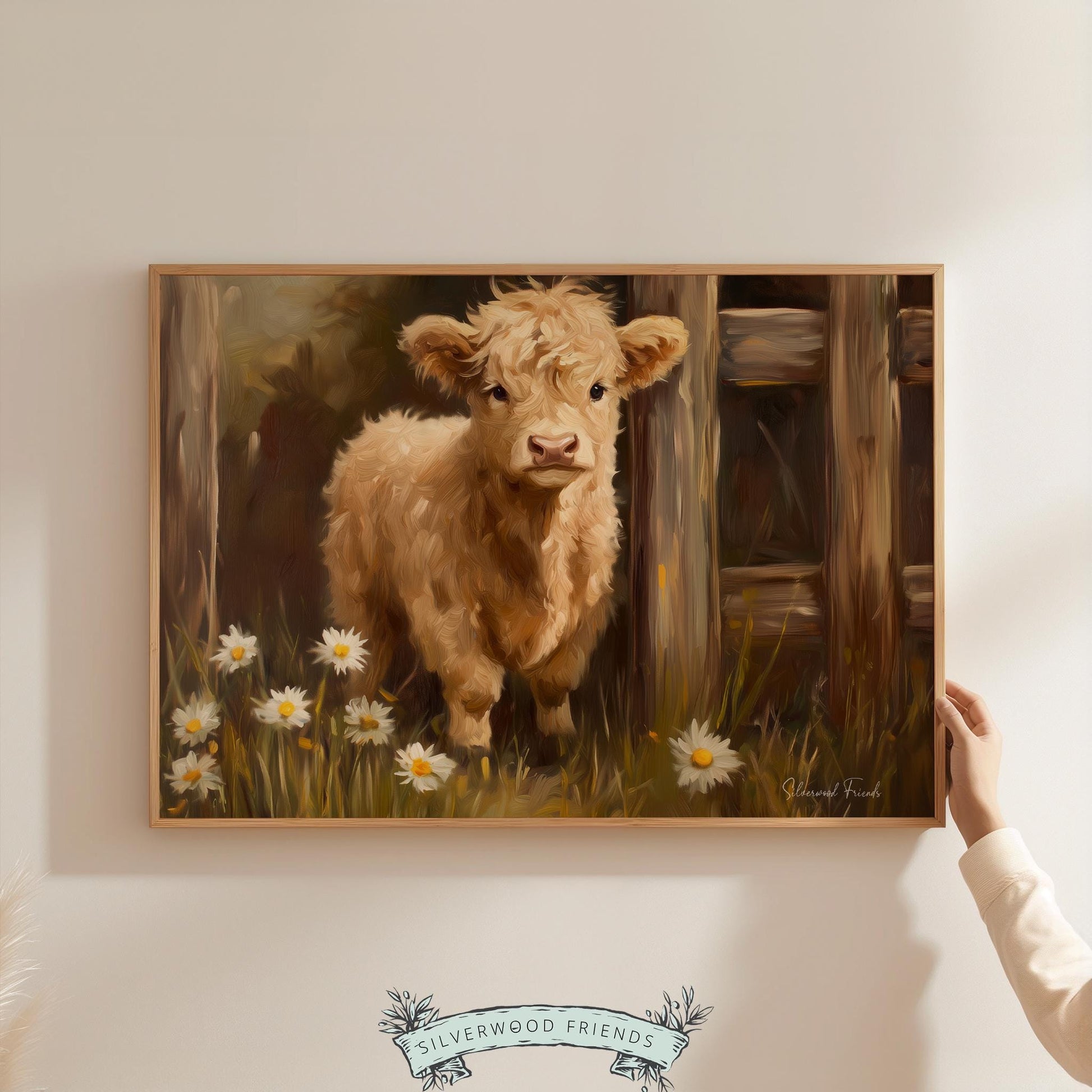 Highland calf painting poster for stylish hallway — blends rustic beauty with countryside aesthetics for a cozy touch.