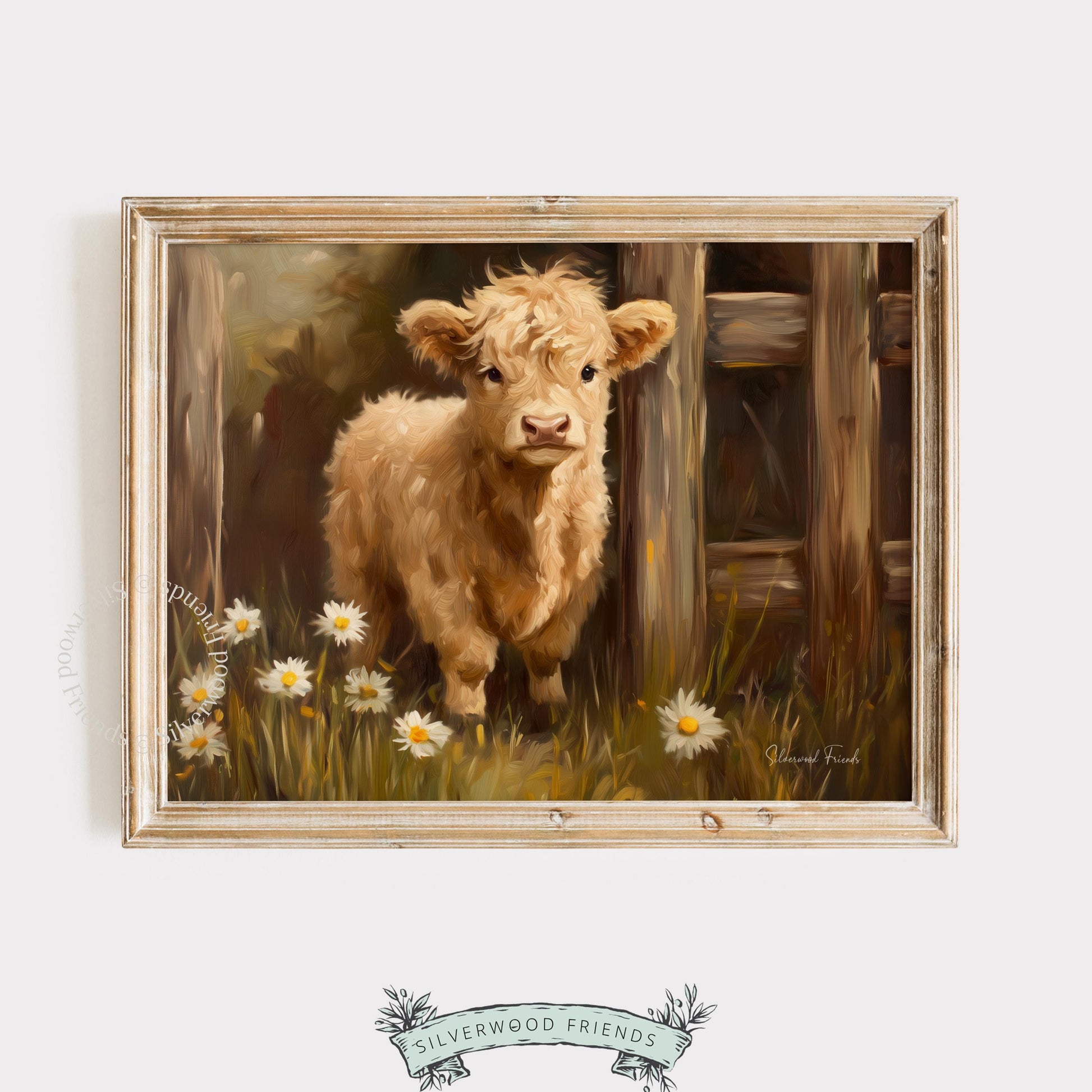 Soft Highland calf painting wall art for cheerful dining area — combines rustic elements with a touch of pastoral elegance.