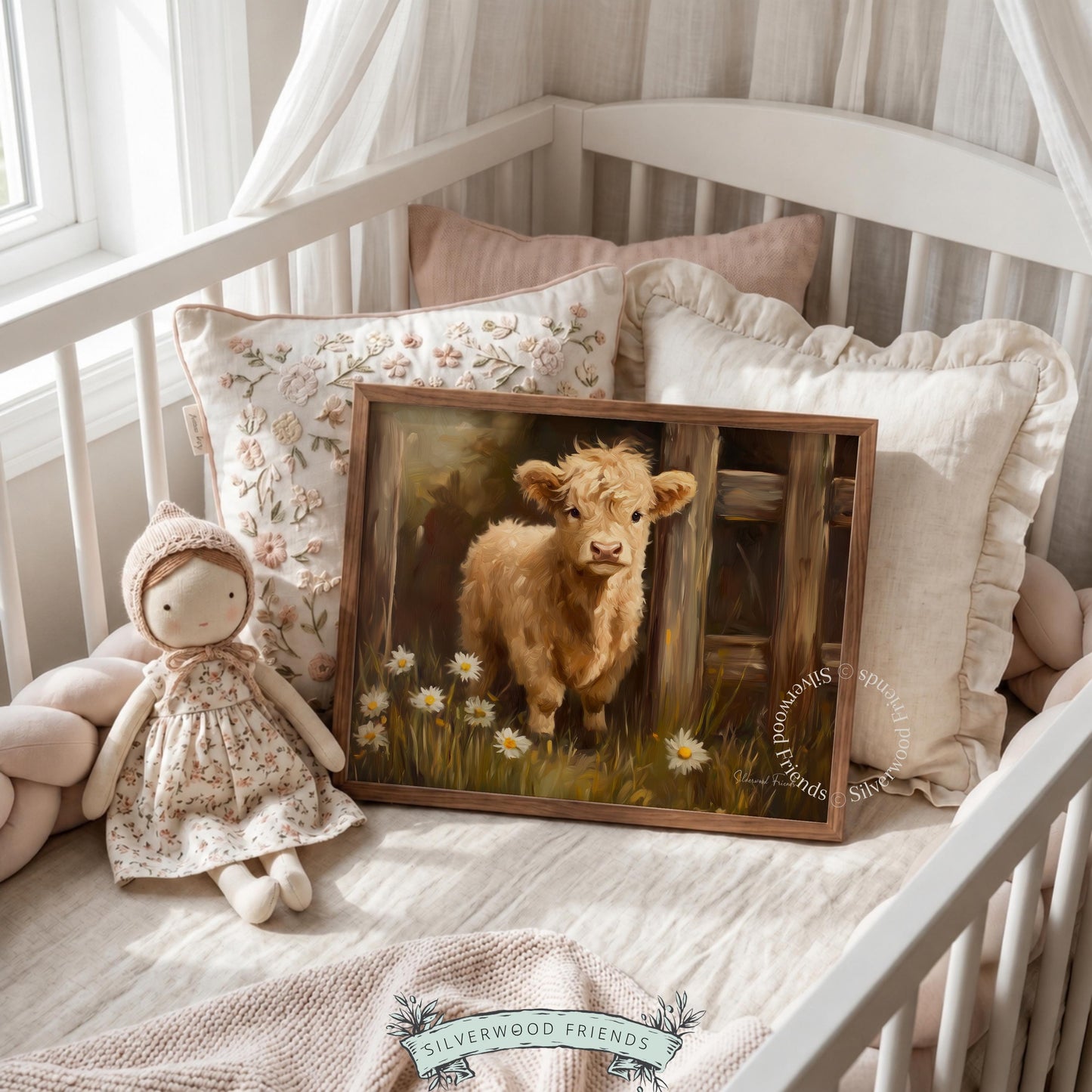 Art print of fluffy Highland calf for cozy living room — captures a homely ambiance with warm earthy tones and charm.
