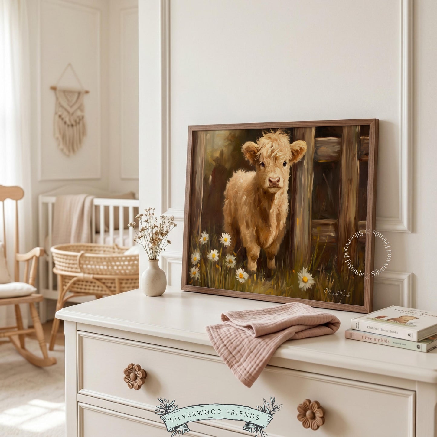Decorative Highland calf artwork for quaint kitchen — rich brushstrokes and soft colors deliver a charming pastoral theme.