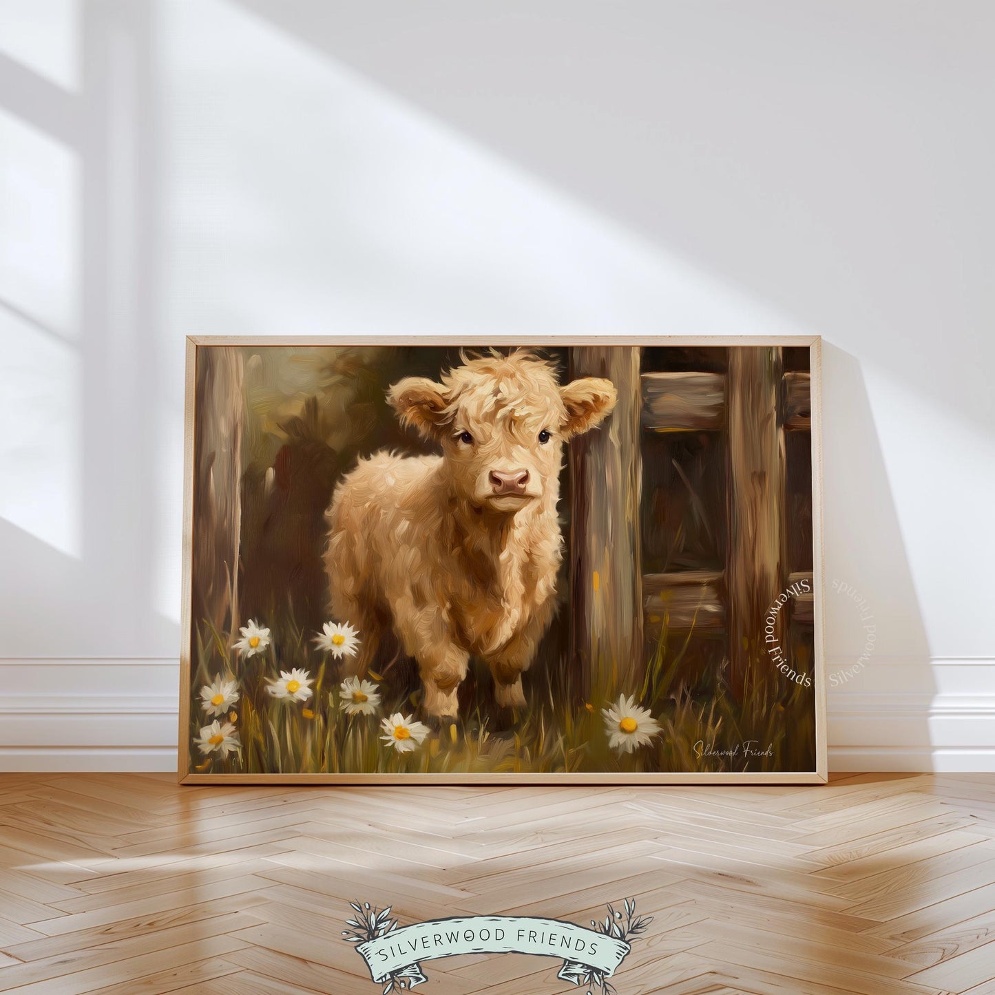 Rustic Highland calf art poster for farmhouse kitchen — soft colors and a brushstroke style evoke country charm and comfort.