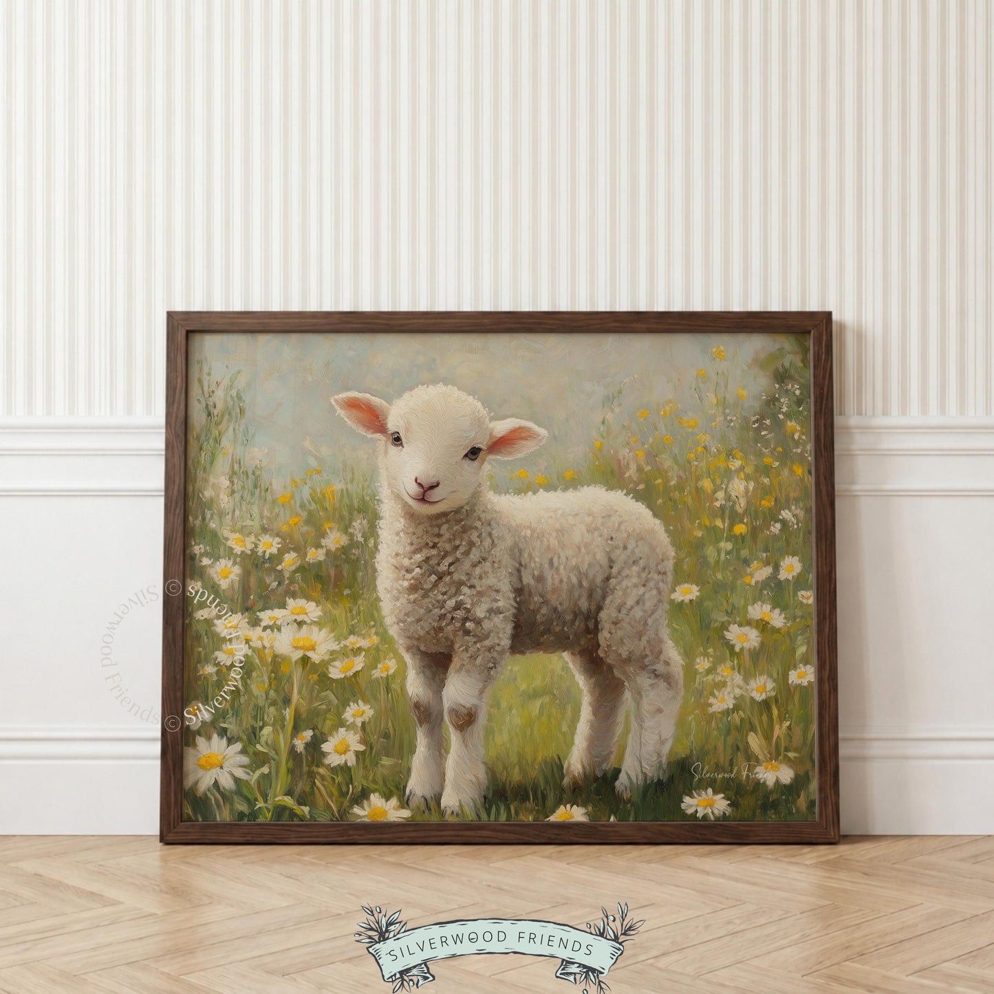 Sweet lamb illustration printable for farmhouse decor — cozy and inviting, featuring rustic tones and gentle nature elements.