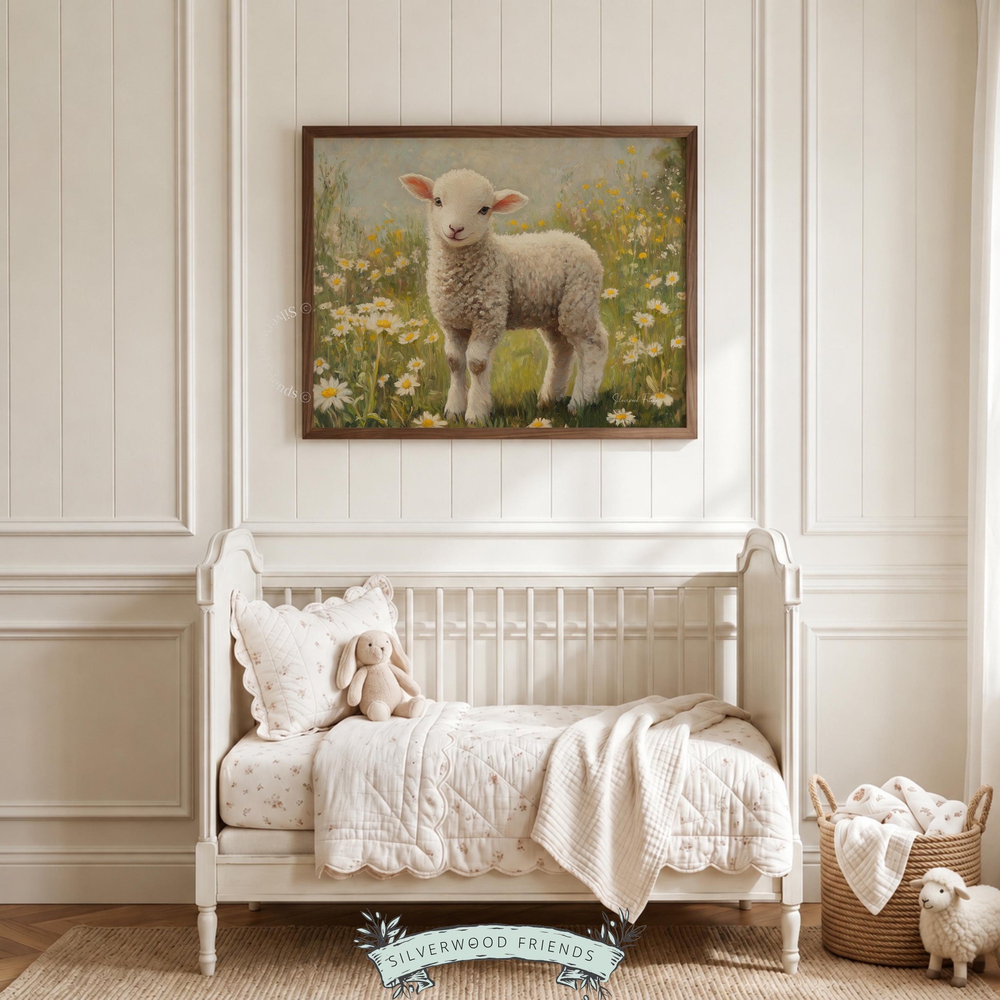 Lamb in a field painting for farmhouse kitchen — gentle earth tones and wildflowers evoke a cozy country atmosphere.