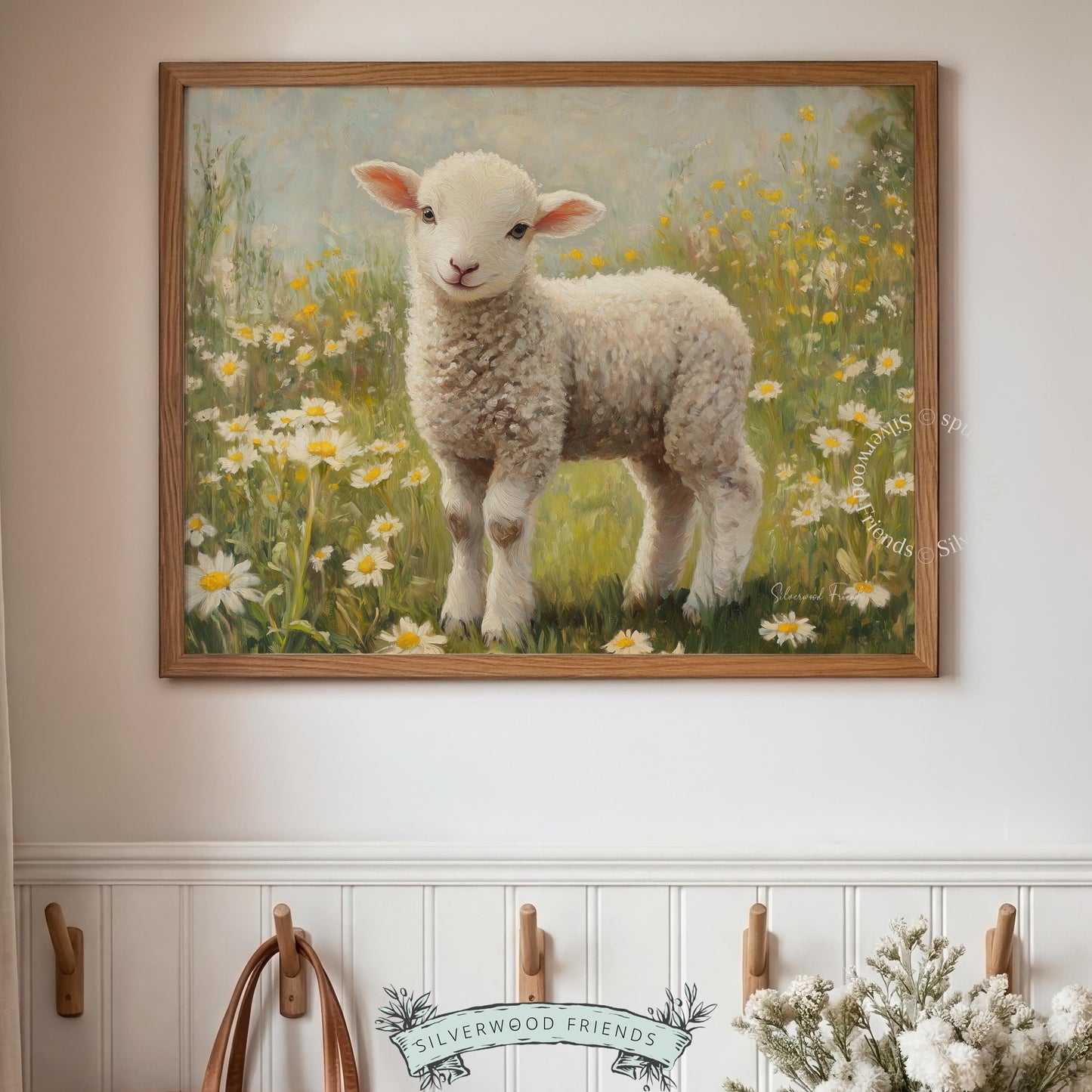 Rustic sheep wall art for living room — captivating landscape painting with soft brushwork and a calming farm scene.