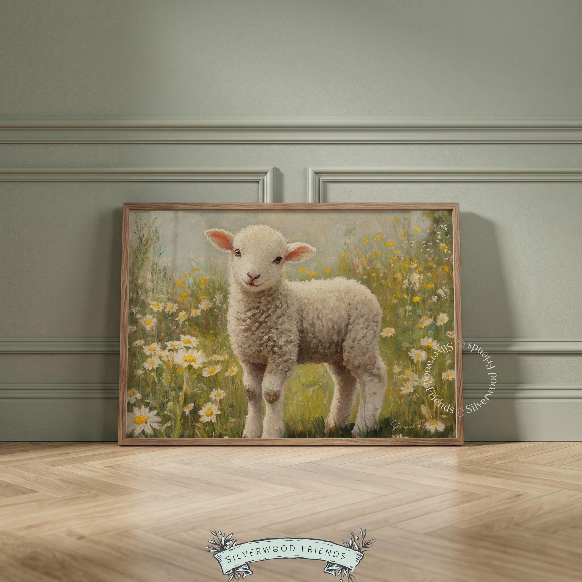 Lamb oil painting decor for a baby nursery — gently muted hues and wildflowers offer a peaceful, pastoral ambiance.