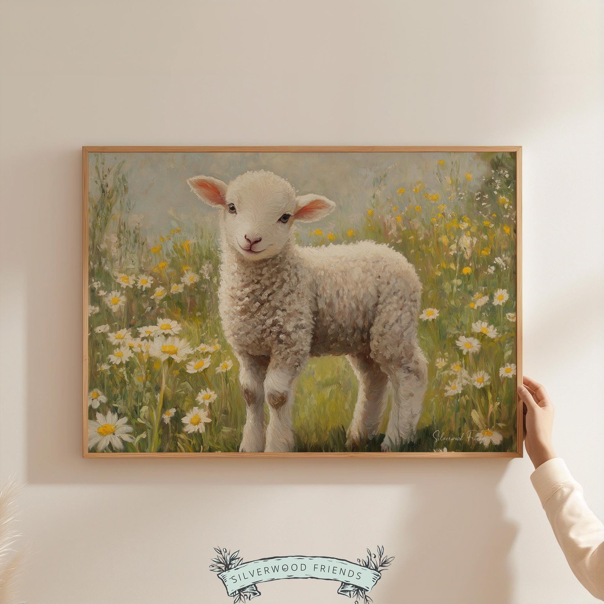 Lovely lamb wall art for entryway — warm colors and whimsical flowers create an inviting atmosphere perfect for country homes.