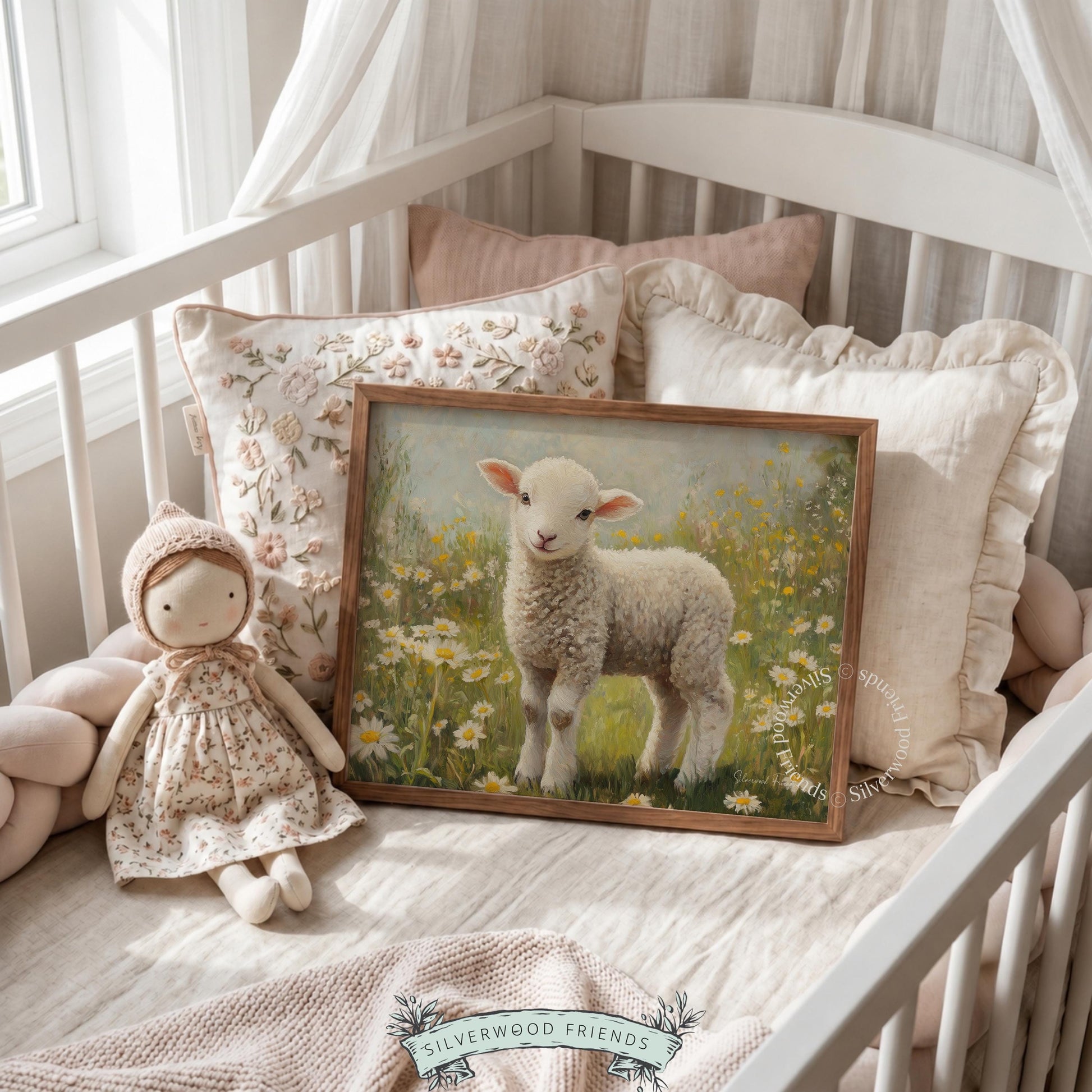 Sweet lamb artwork printable for children's room — rustic yet vibrant, featuring flowers and a tranquil meadow scene.