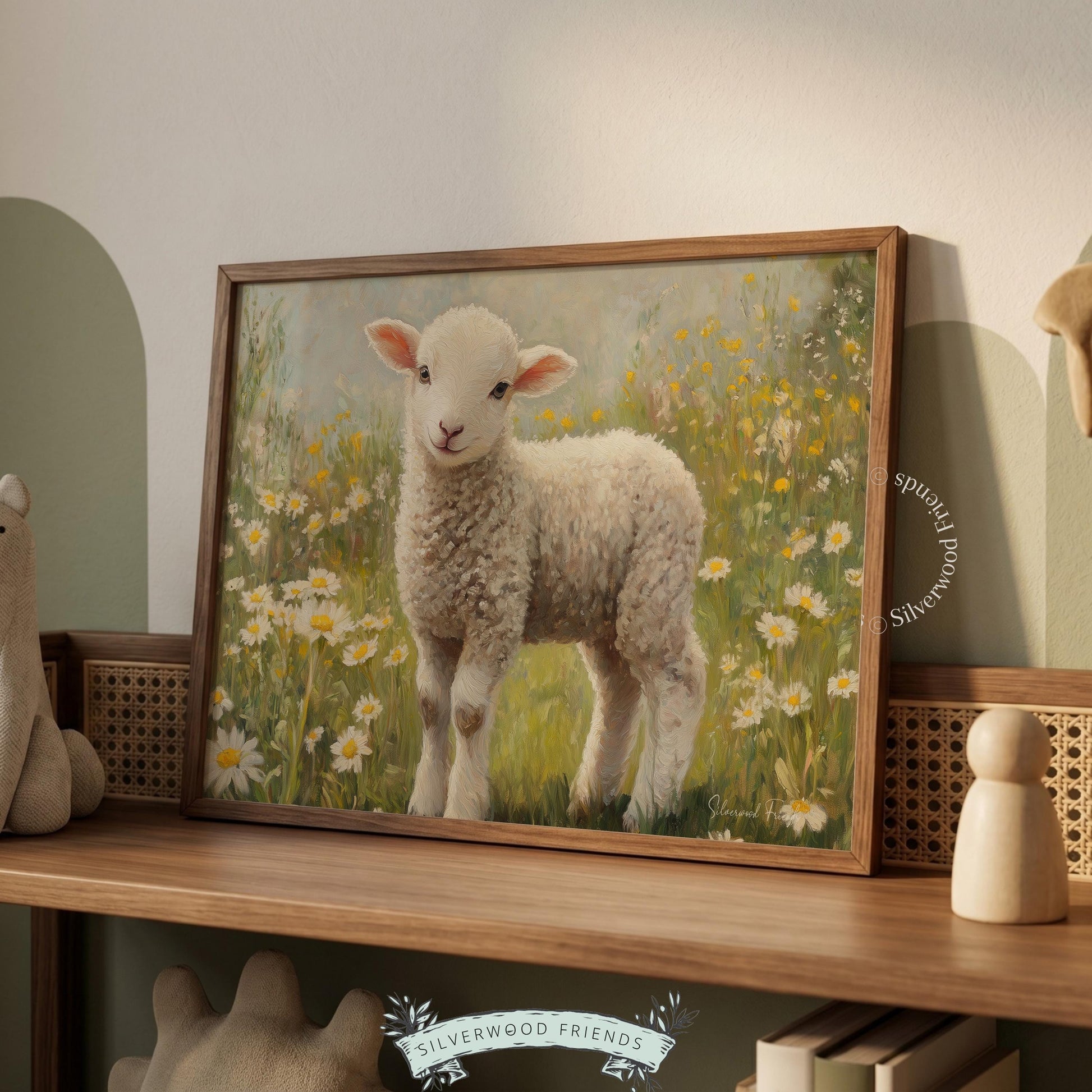 Young lamb painting wall art for nursery — soft, pastel tones and cozy farmhouse style create a charming atmosphere.