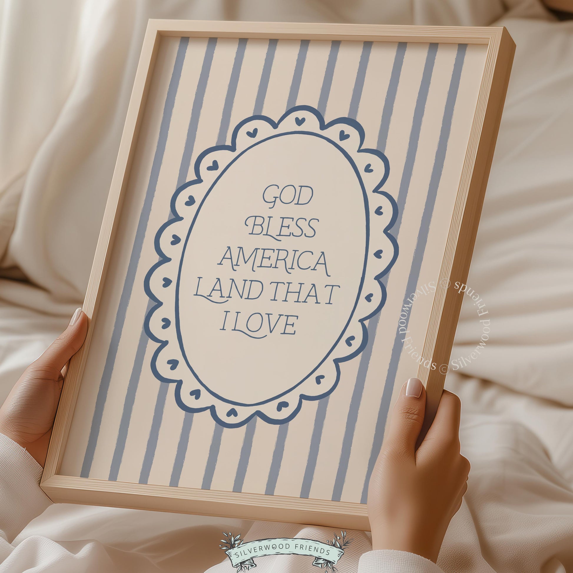 Vintage Americana typography picture printable for entryway — scalloped oval frame with gentle color palette and charm