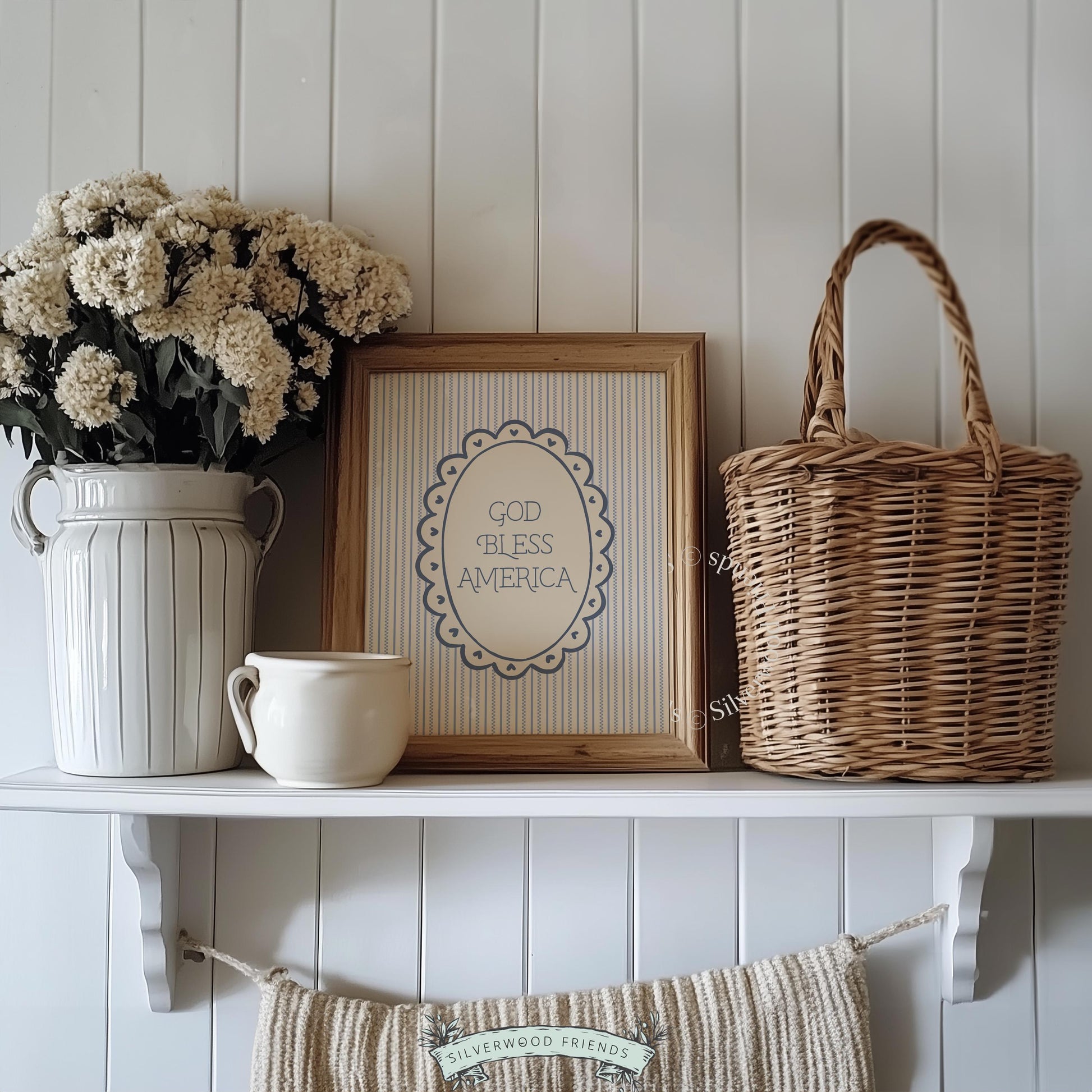 "God Bless America" digital print for kitchen — cottagecore style with striped background and ornamental details