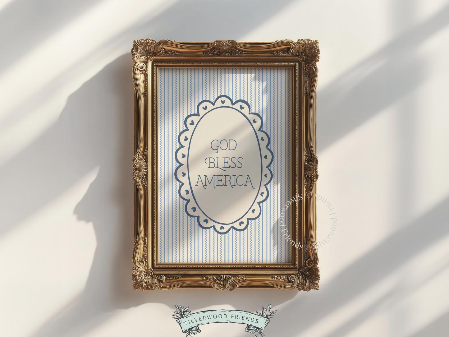 Fourth of July typography picture for family room — muted blue and white farmhouse-inspired print with medallion