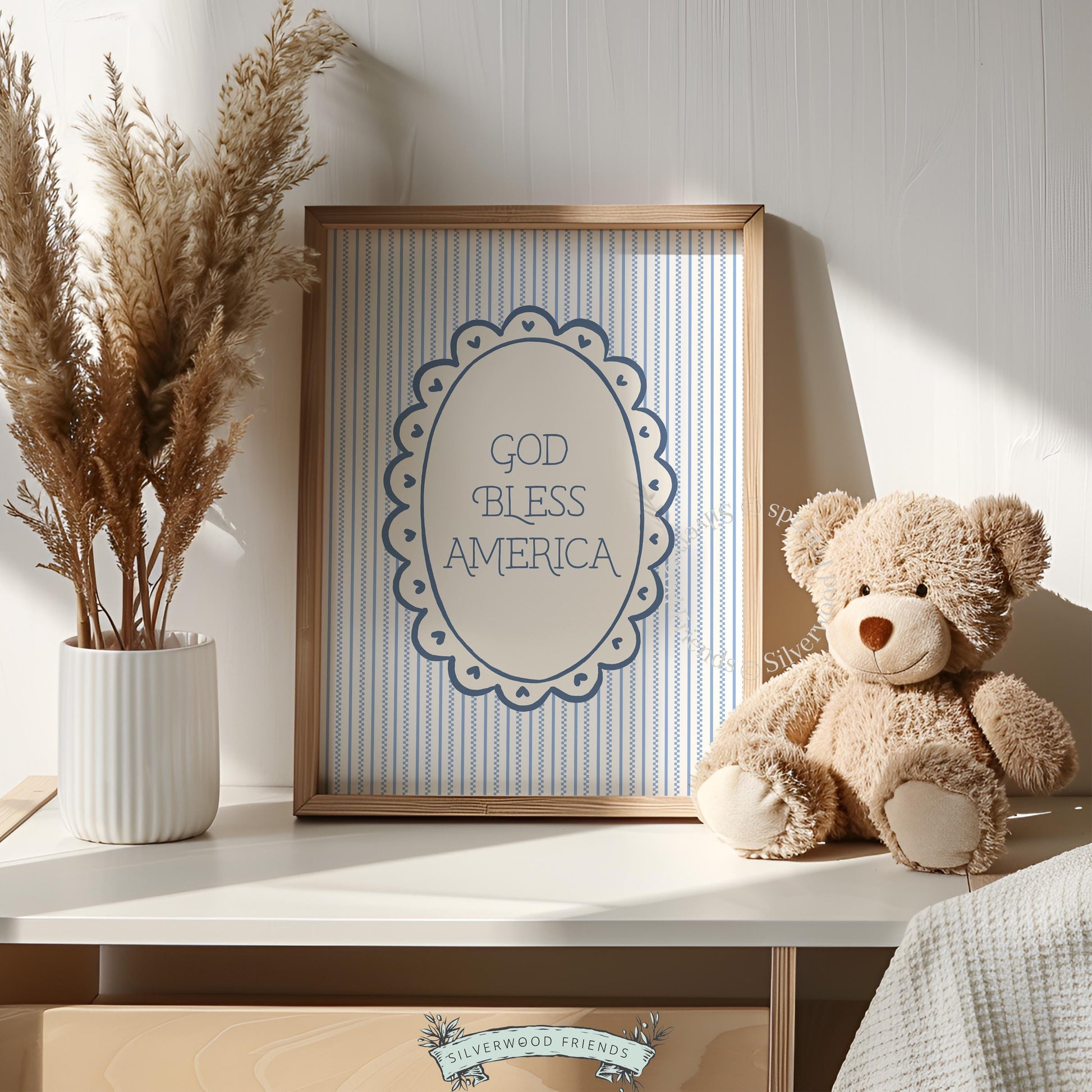 Patriotic text poster for living room — dusty blue and cream vintage Americana wall art with decorative frame