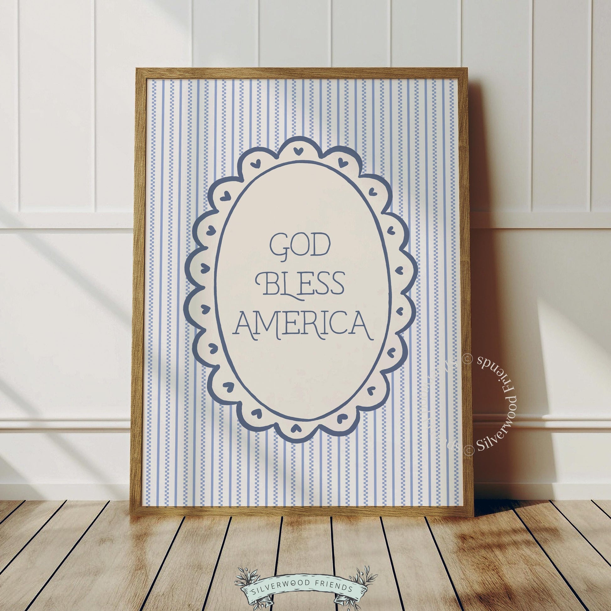 Patriotic printable picture for home office — vintage blue striped background with decorative text frame