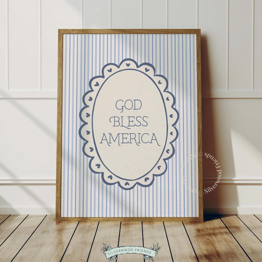 Patriotic printable picture for home office — vintage blue striped background with decorative text frame