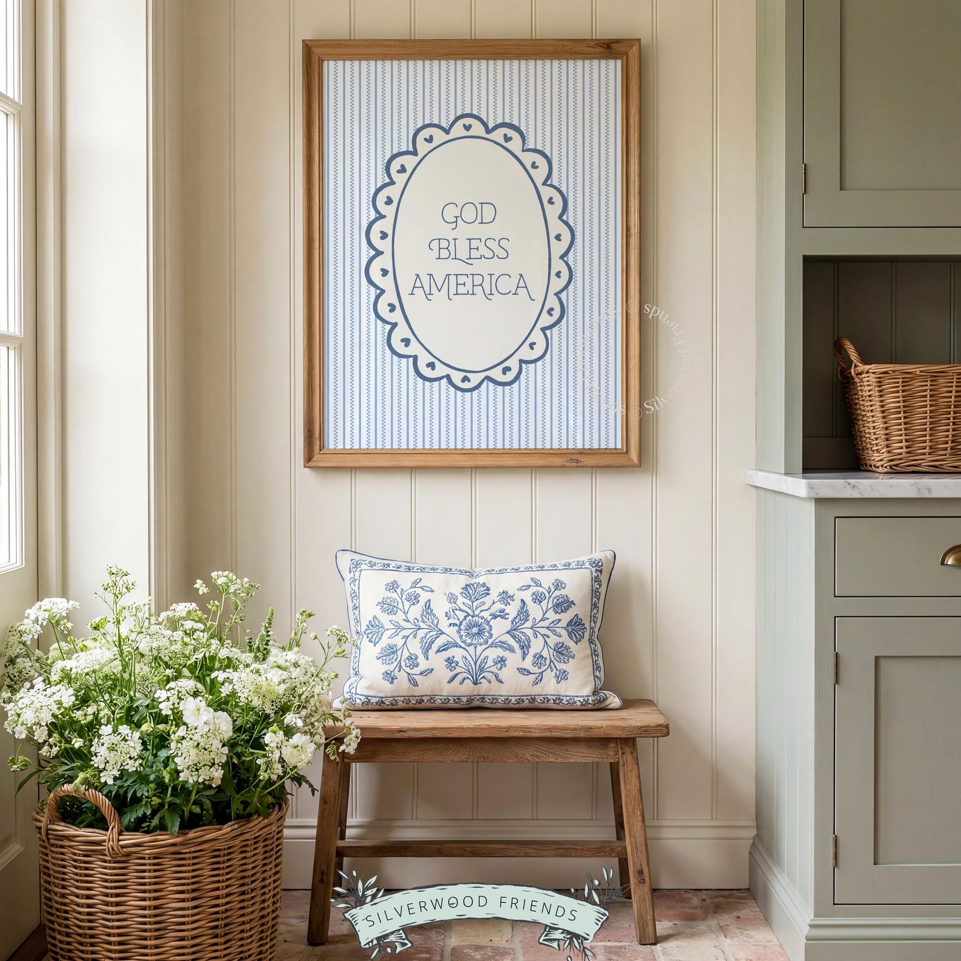 Patriotic inspirational picture instant download — vintage-styled text in scalloped frame on muted blue stripes