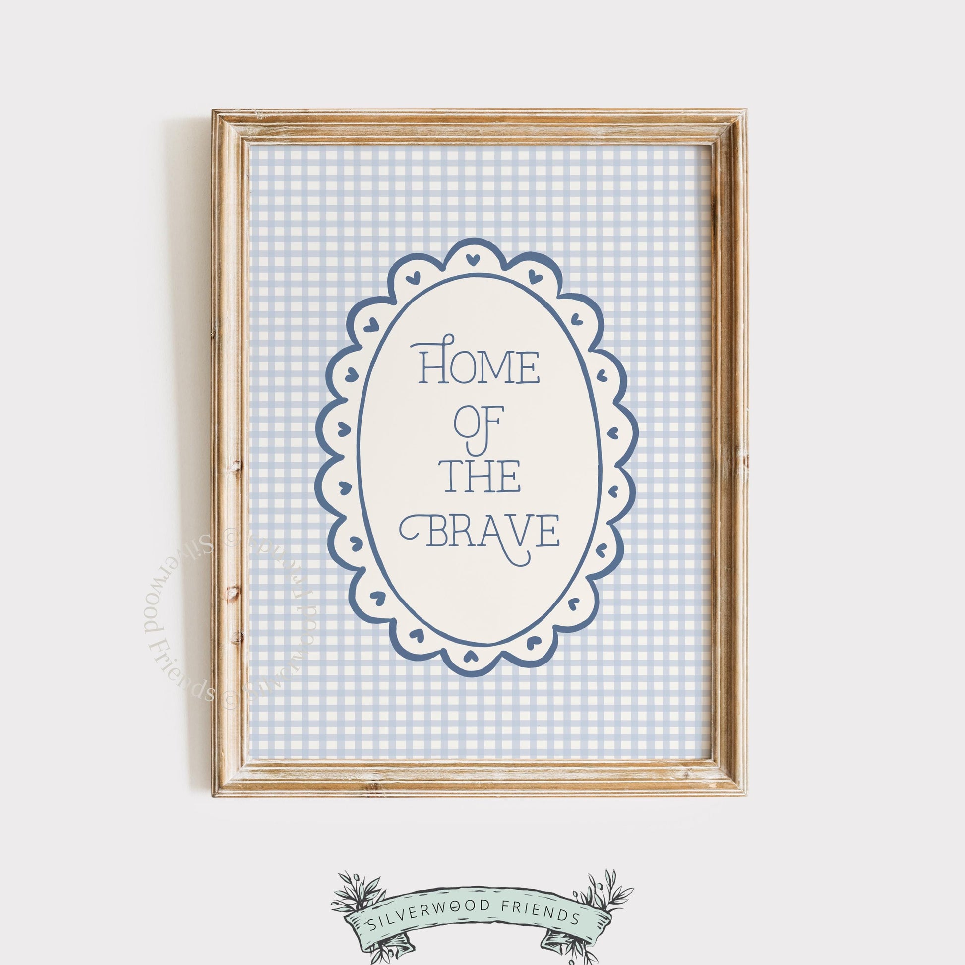 Farmhouse American patriotic poster digital art for living spaces — subtle blue palette and cottage style