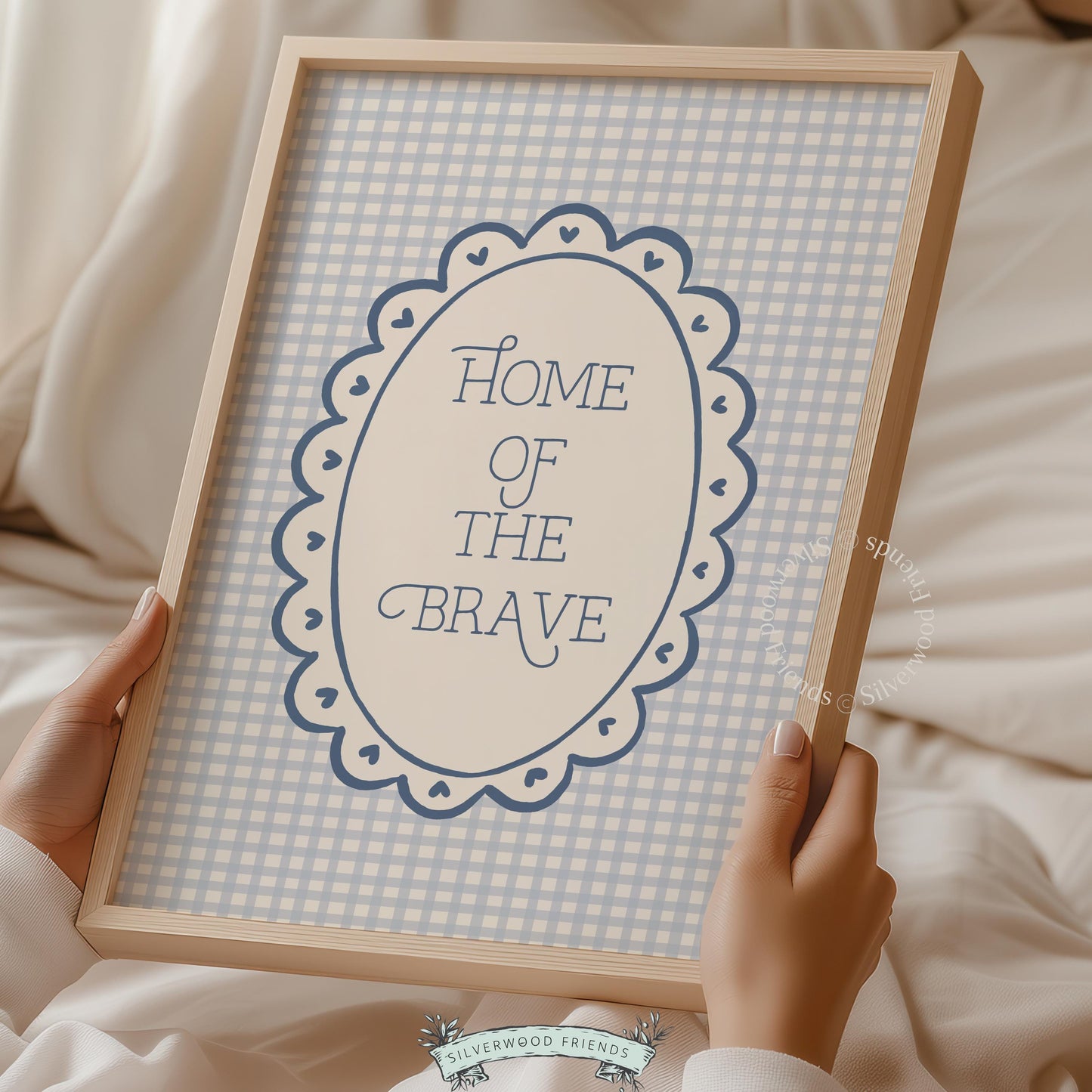 Dusty blue gingham printable art featuring patriotic text and heart details for American-themed spaces