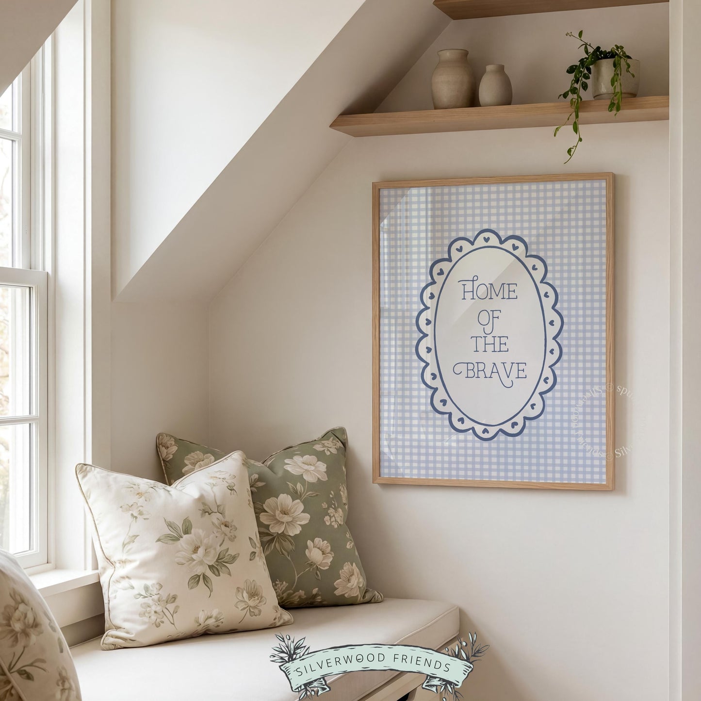 Patriotic typography instant download wall art for farmhouse spaces — understated cream and blue design