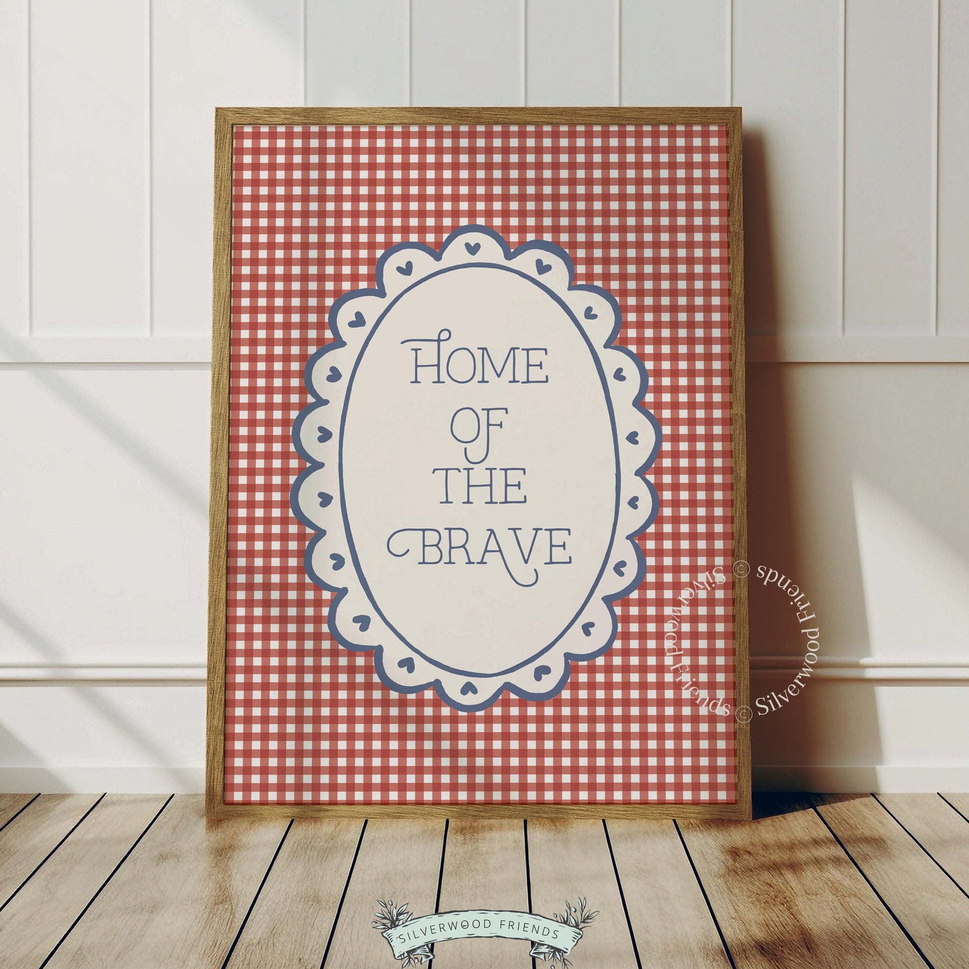 "Home of the Brave" printable wall decor — Fourth of July cottagecore typography with elegant scalloped border