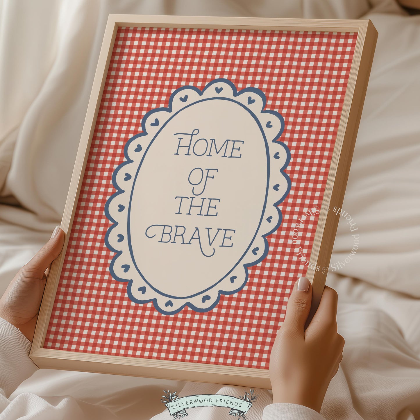Vintage-style patriotic artwork print — "Home of the Brave" text in cream badge on retro gingham backdrop