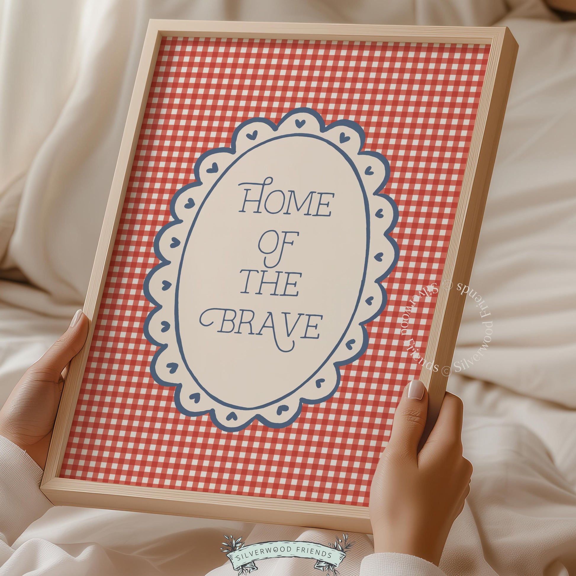 Vintage-style patriotic artwork print — "Home of the Brave" text in cream badge on retro gingham backdrop