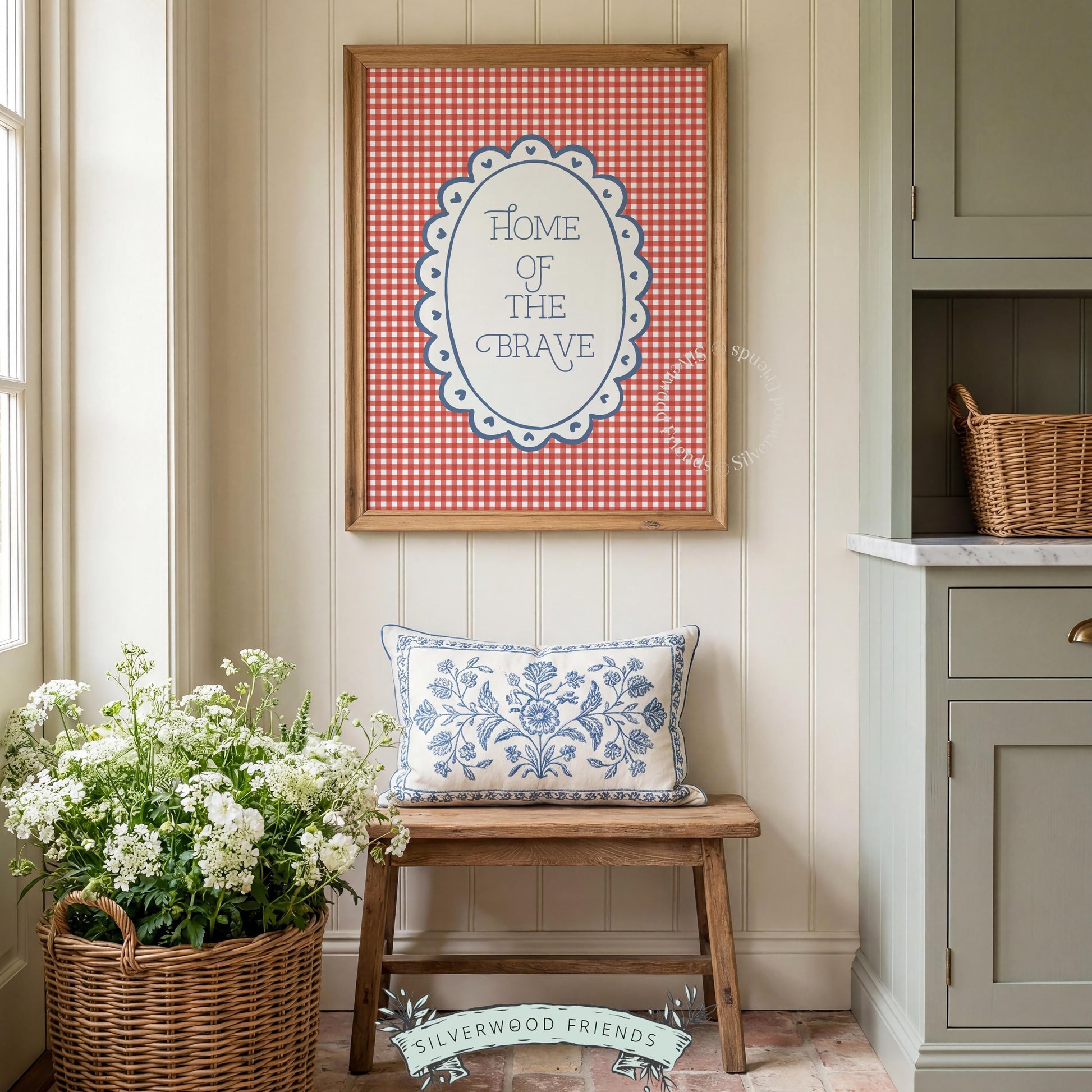 Retro patriotic poster featuring "Home of the Brave" quote — handcrafted gingham design with holiday charm