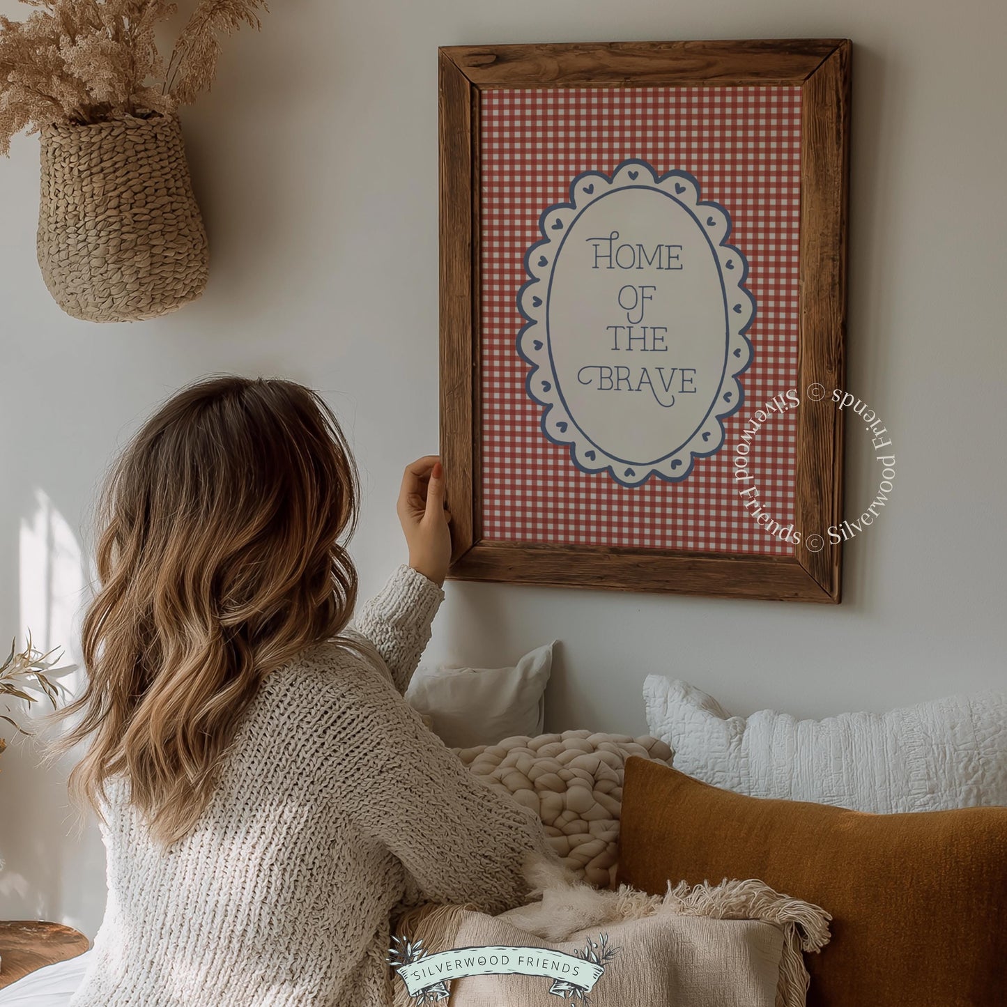 "Home of the Brave" cottagecore wall picture — festive red gingham with navy typography and scalloped details