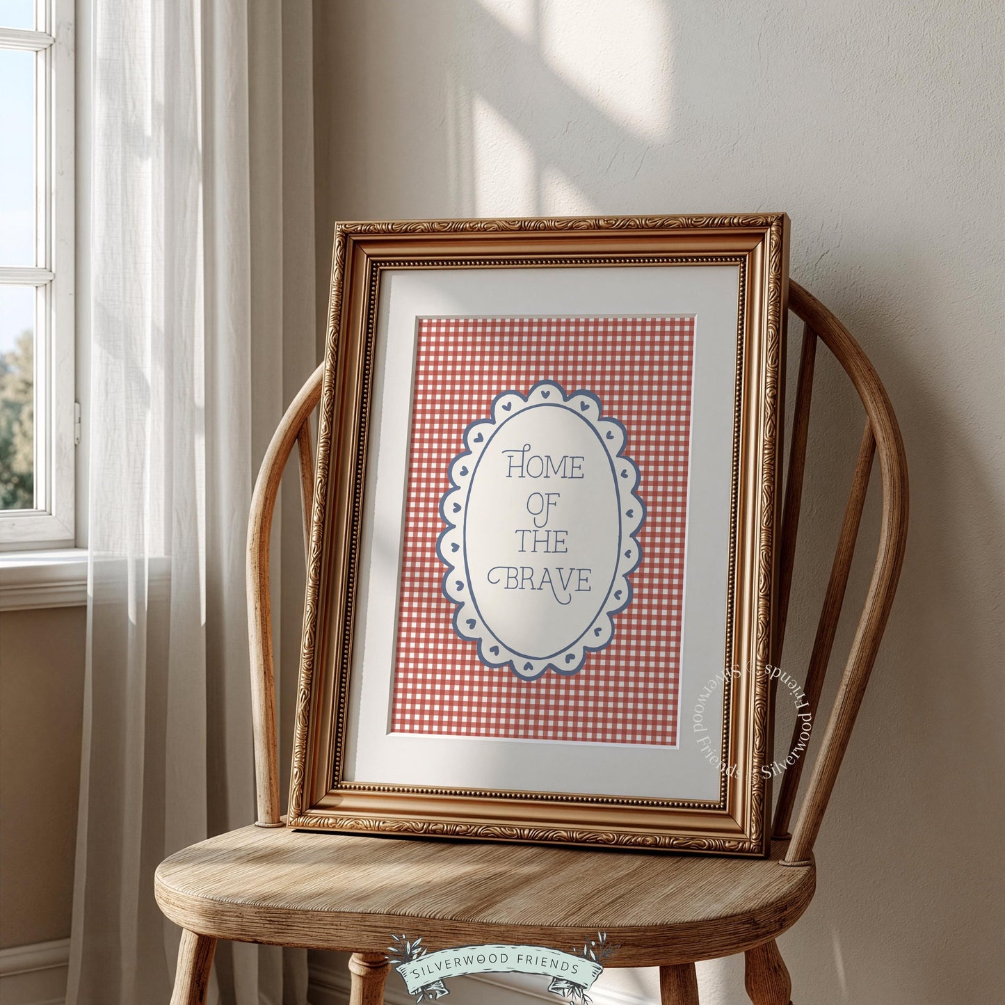 Vintage Americana typography picture — "Home of the Brave" quote in cottagecore style with scalloped oval frame