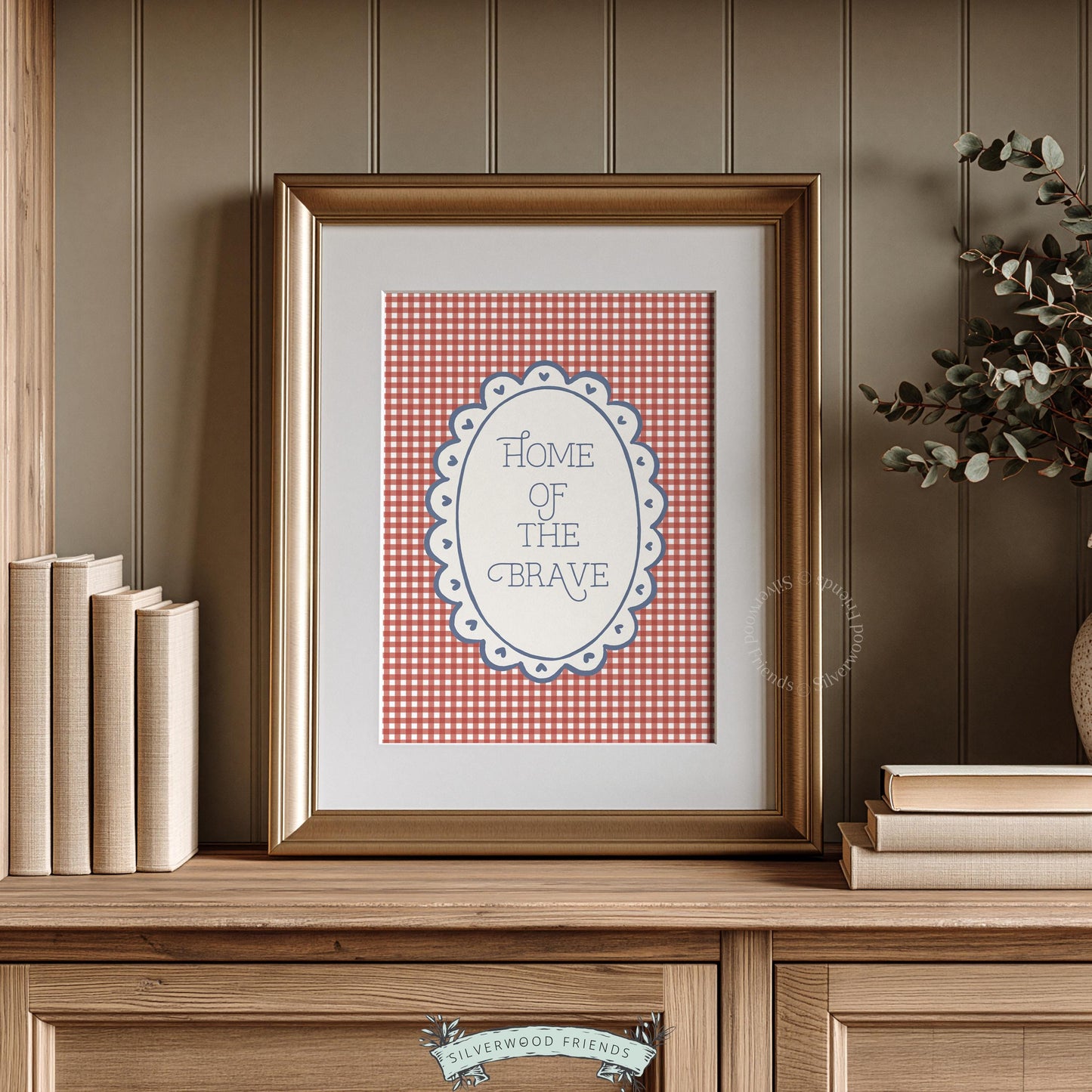 Patriotic farmhouse poster featuring "Home of the Brave" — heartwarming gingham print with vintage flair