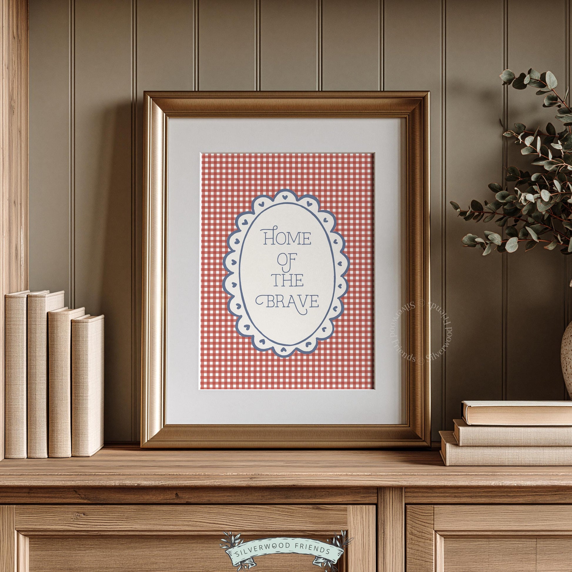 Patriotic farmhouse poster featuring "Home of the Brave" — heartwarming gingham print with vintage flair