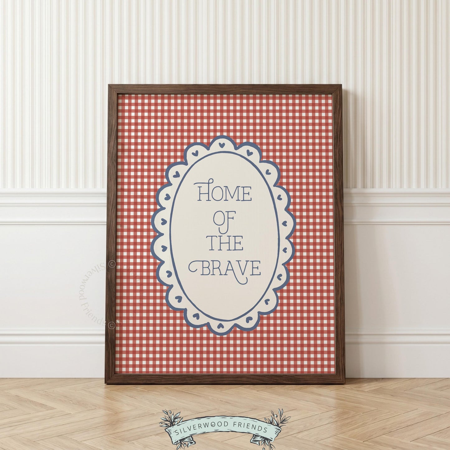 "Home of the Brave" digital printable artwork — vintage Americana typography with festive heart-accented frame design