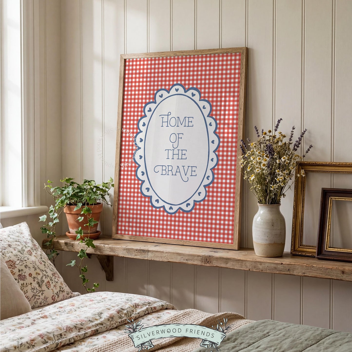 "Home of the Brave" gallery wall art for bedroom — vintage Americana typography with cream oval accent