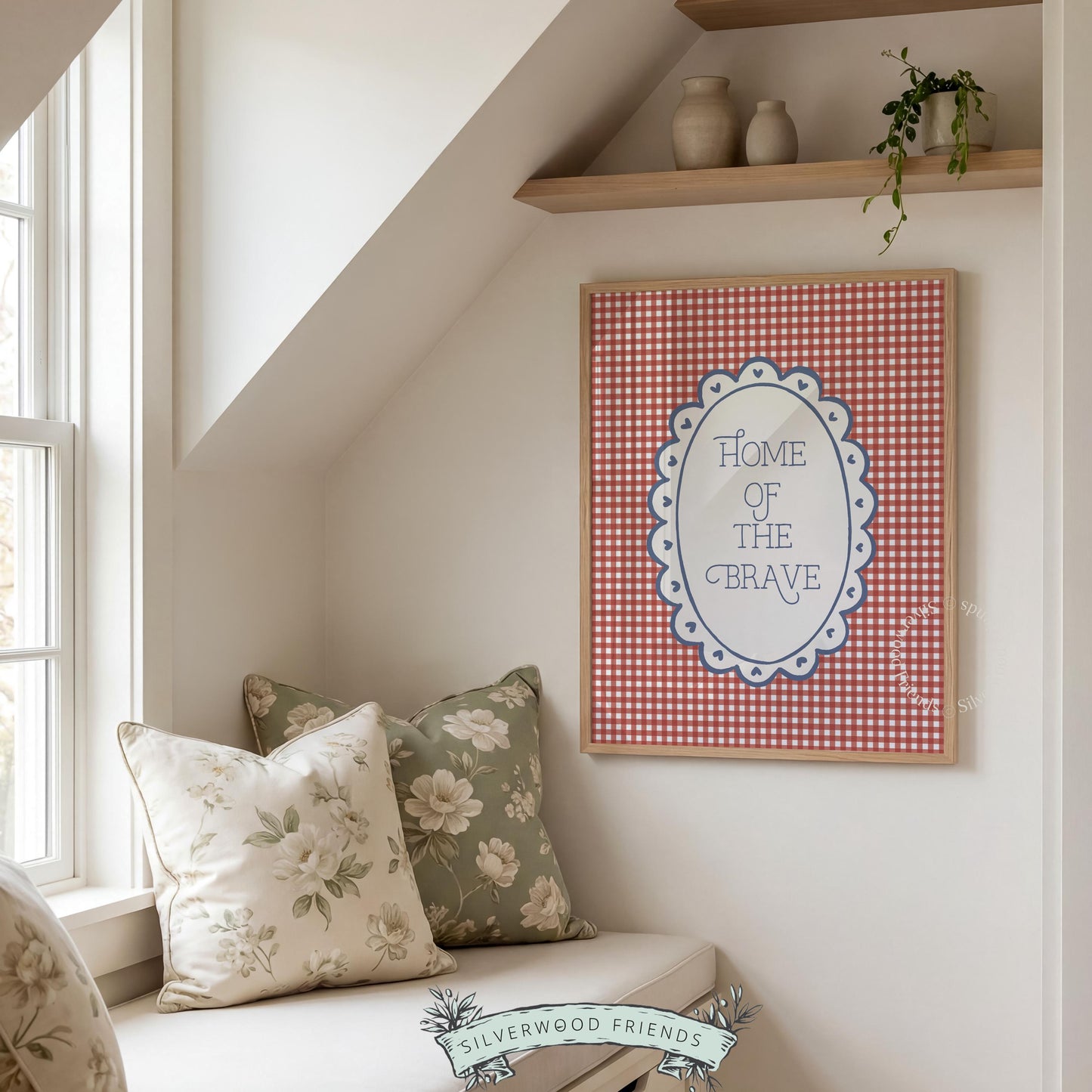 Patriotic typography wall art for nursery — "Home of the Brave" text on classic red and white gingham