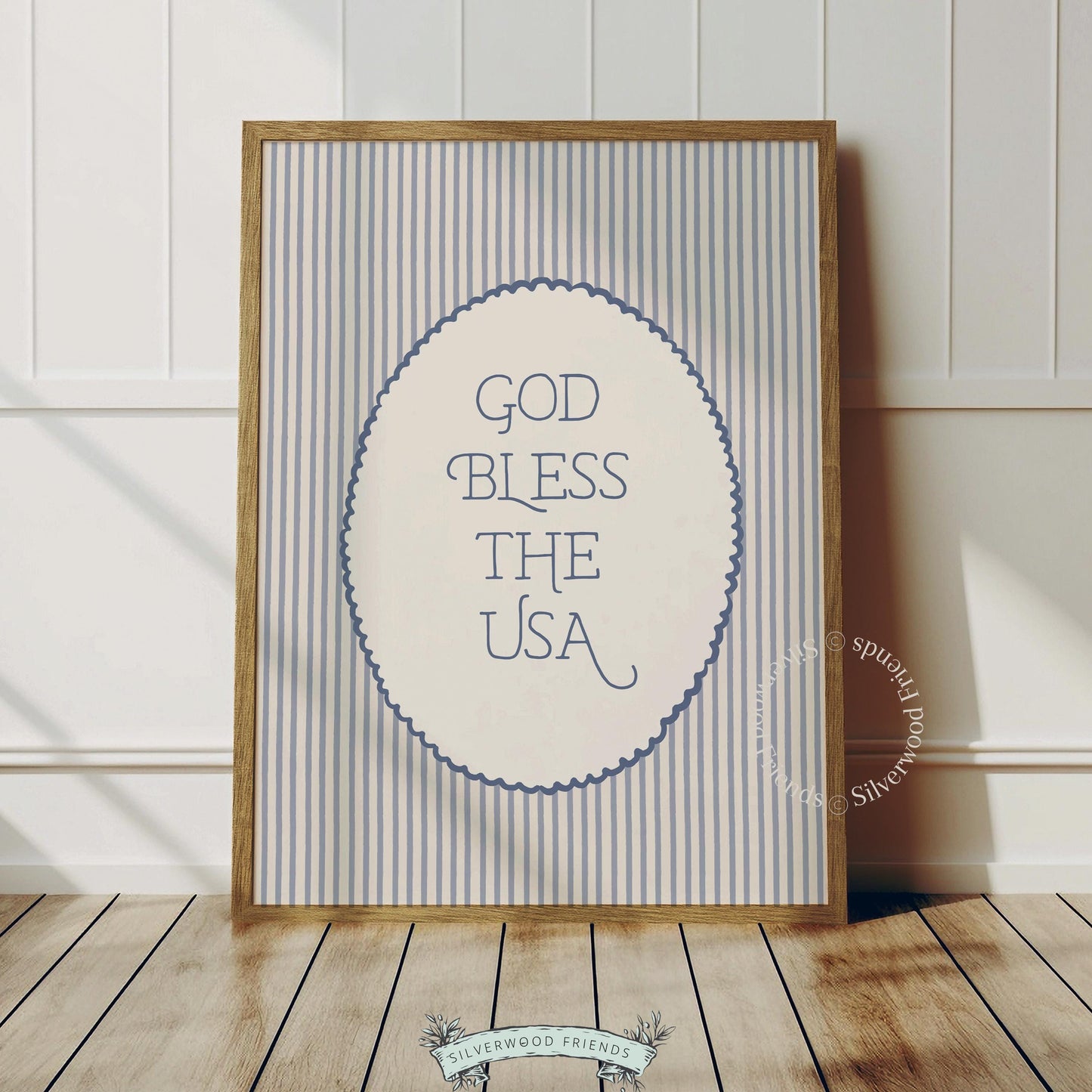 Patriotic poster for kitchen — classic USA motto in hand-lettered navy serif on cream background