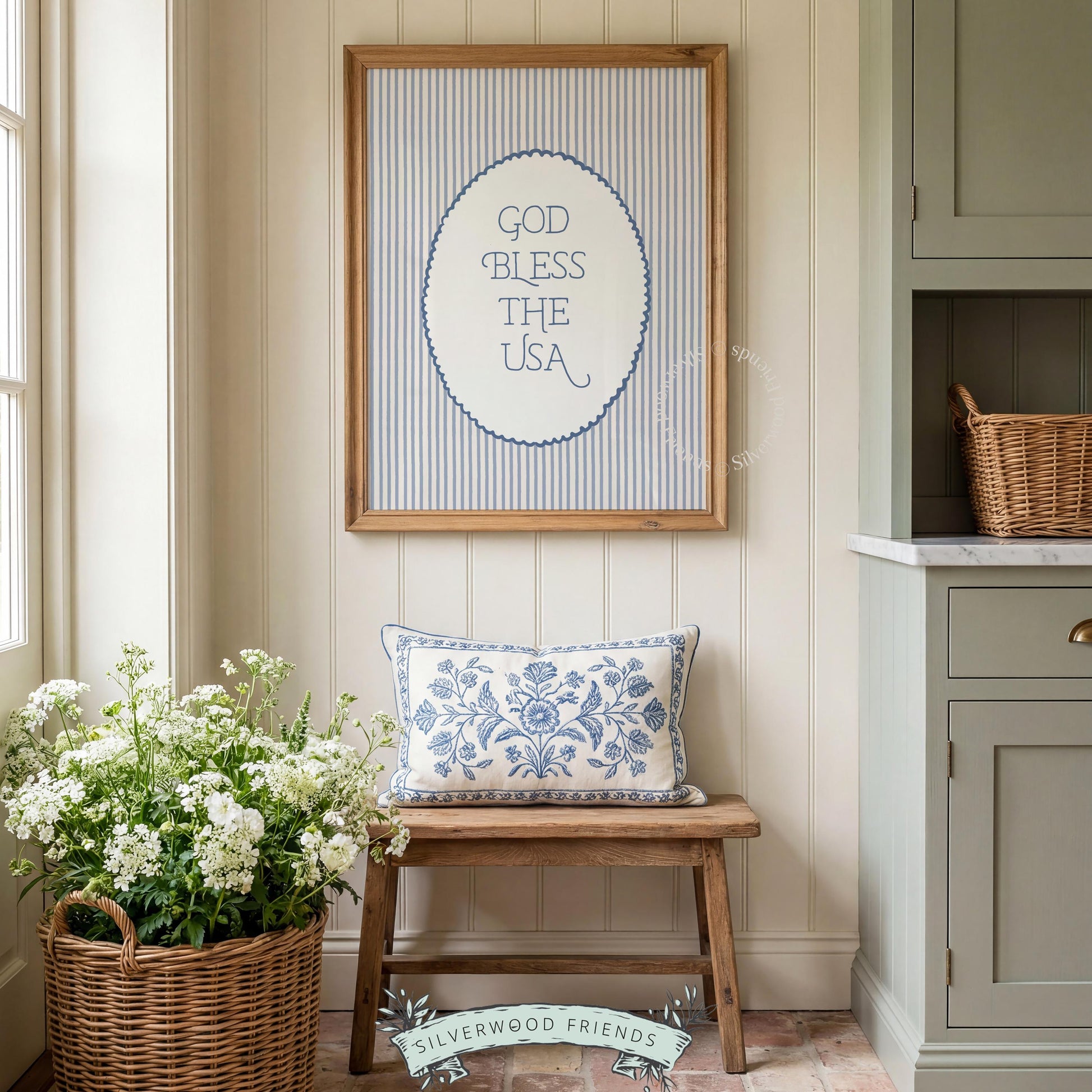 Patriotic typography picture for bedroom — elegant scalloped frame design with farmhouse charm and navy lettering
