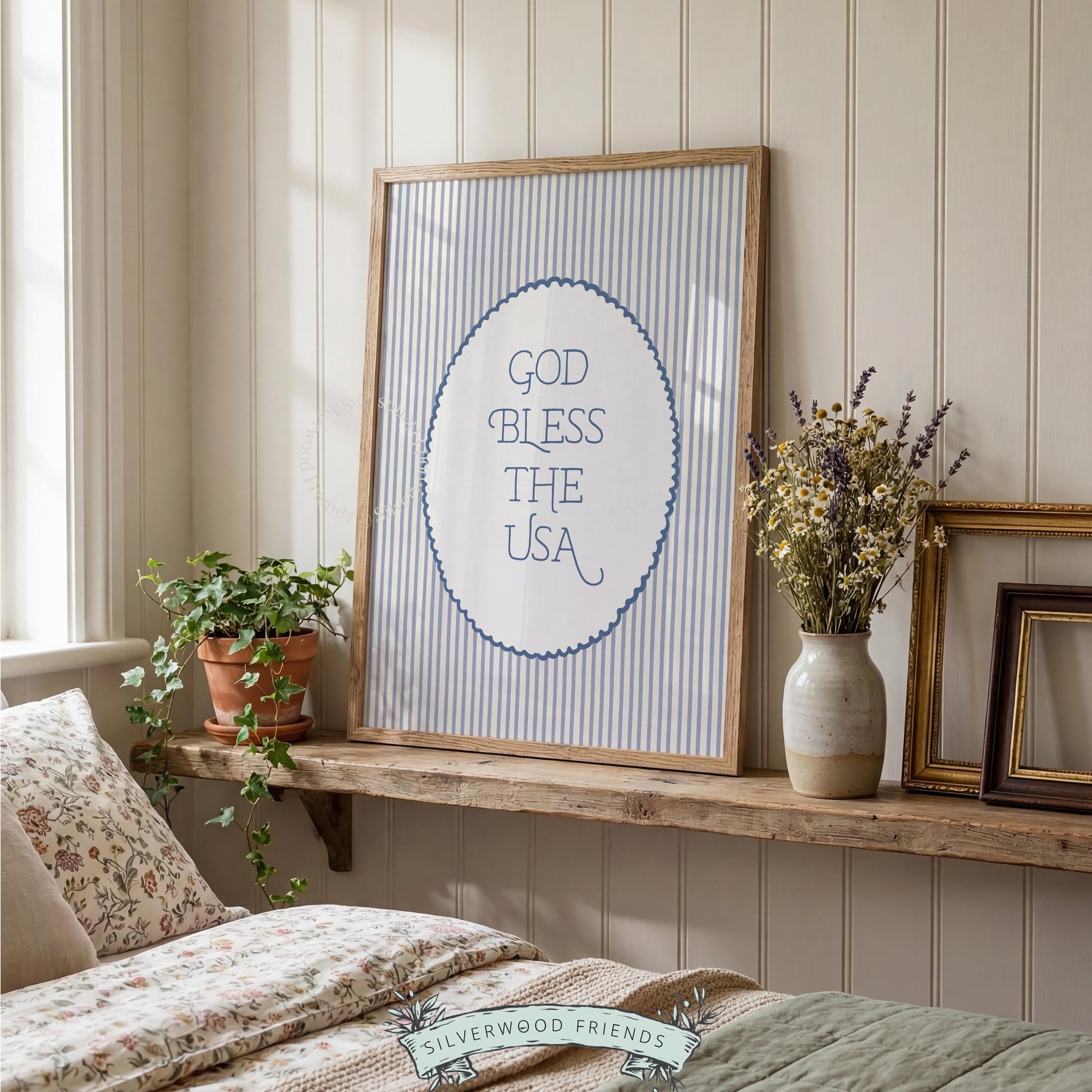 Vintage patriotic wall art poster for den — cream background with navy striped border and scalloped frame