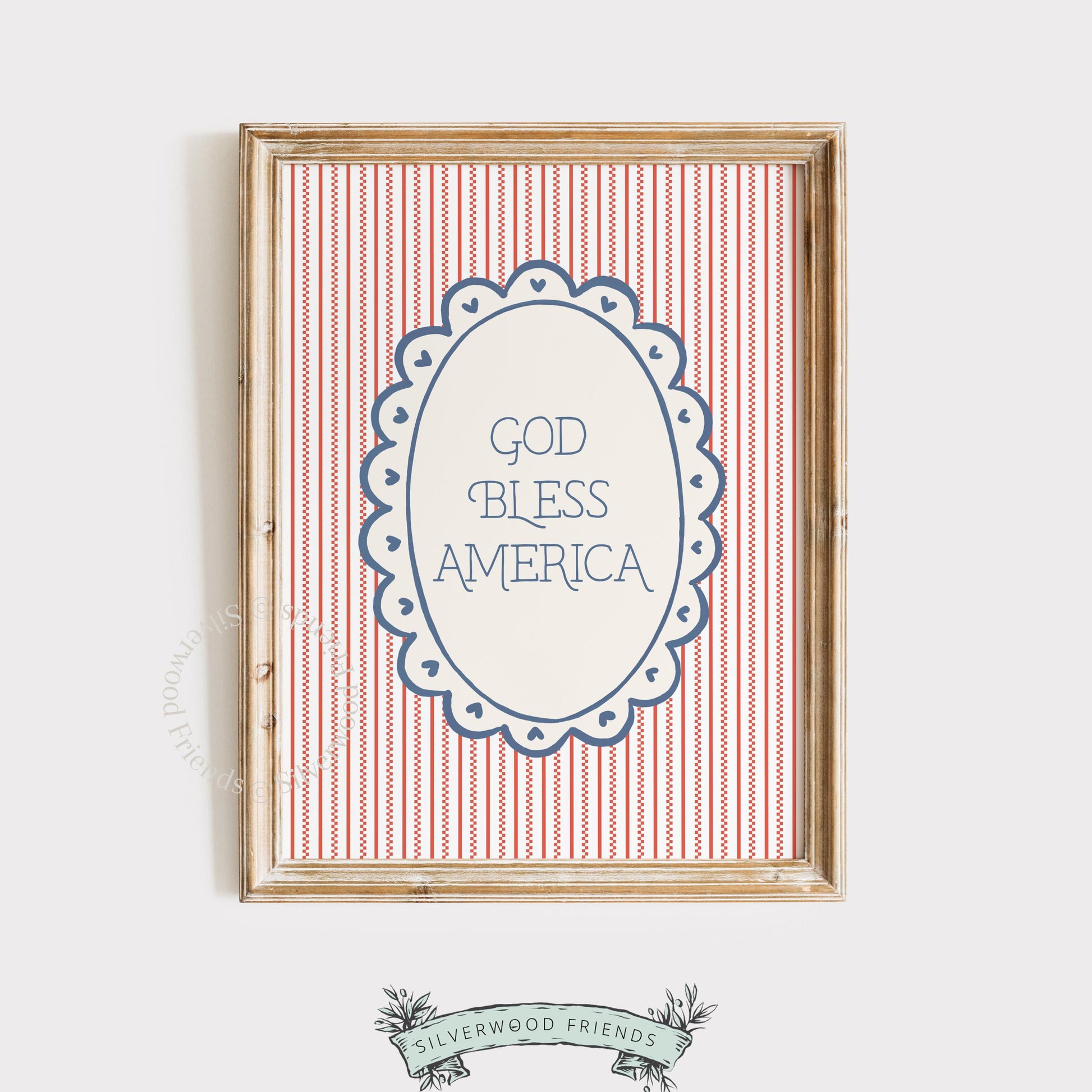 Americana home wall art with nostalgic typography design on traditional red pinstripe background pattern