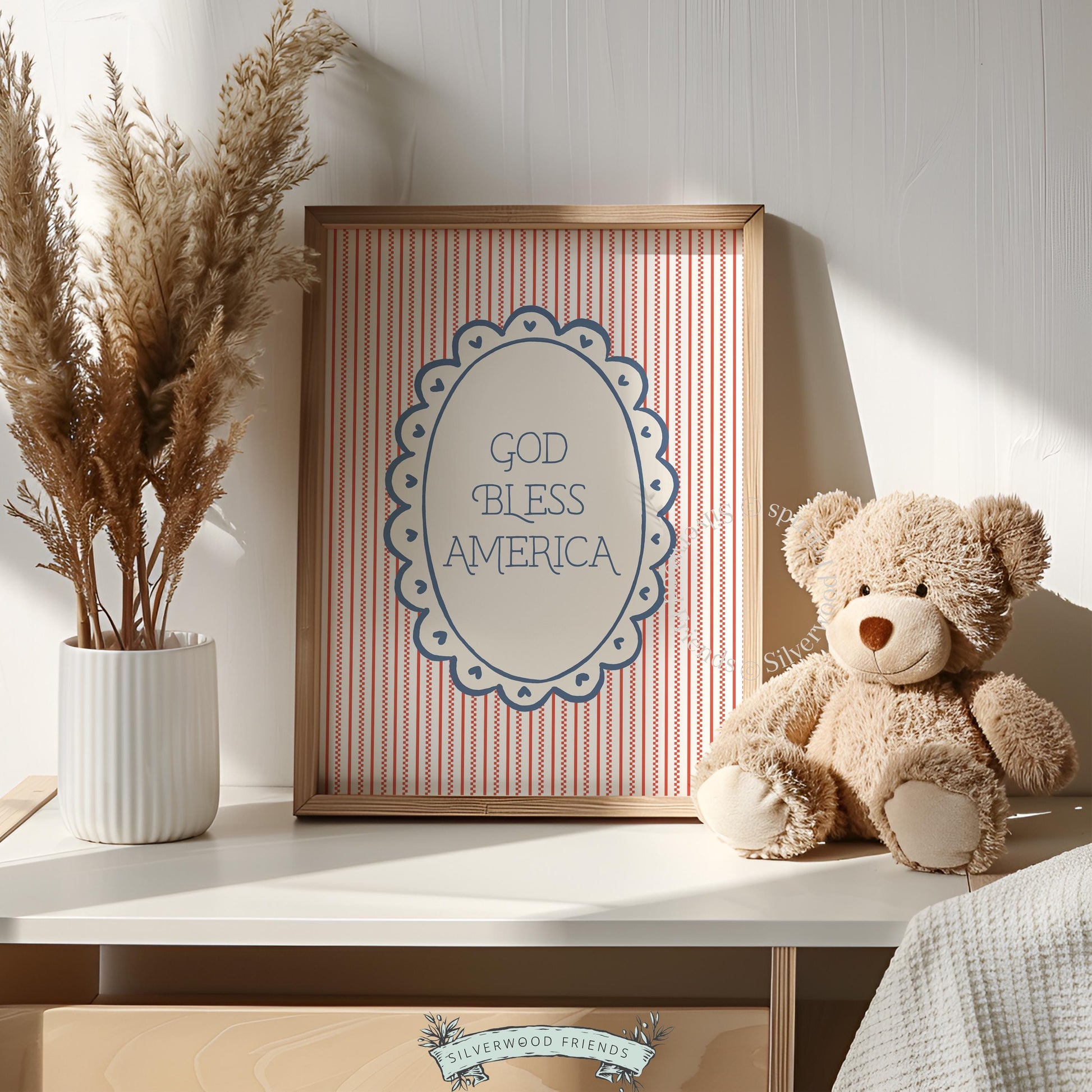 Farmhouse-style wall poster celebrating America — charming retro design perfect for holiday decorating